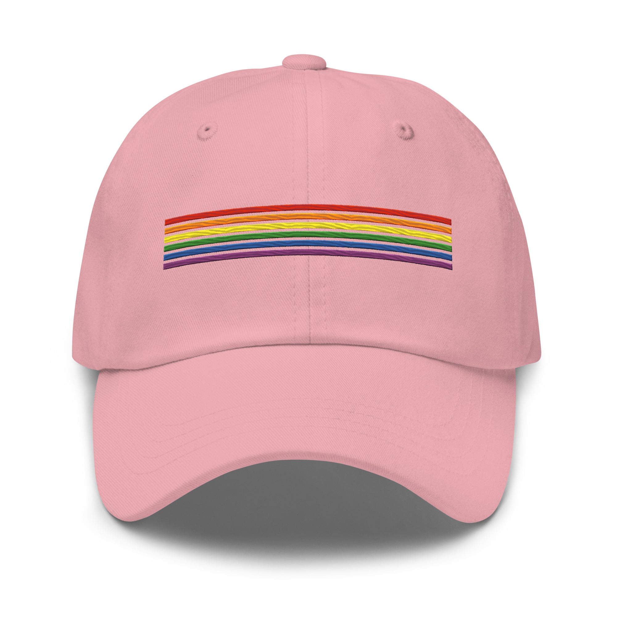 Introducing the Rainbow Stripes Cap by Pridelity: a black baseball cap adorned with a horizontal rainbow stripe, perfect for pride outfits. The vibrant colors pop against the dark fabric, making it a standout piece. Set against a white background, this cap is the ideal accessory to celebrate inclusivity and style.