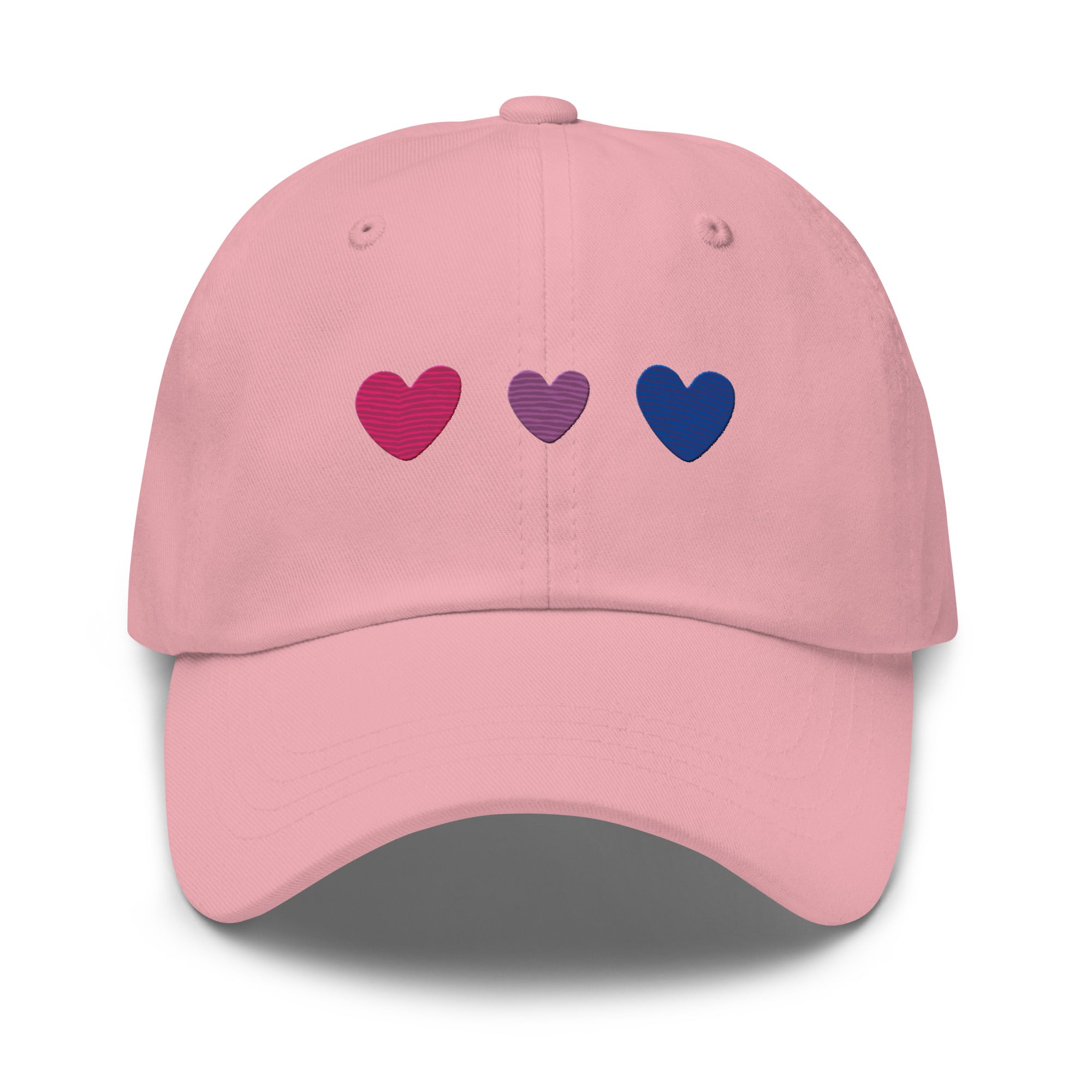 Introducing the Bisexual Hearts Cap by Pridelity, a black baseball cap from our Pride Collections featuring three embroidered hearts in a row on the front, colored pink, purple, and blue from left to right.