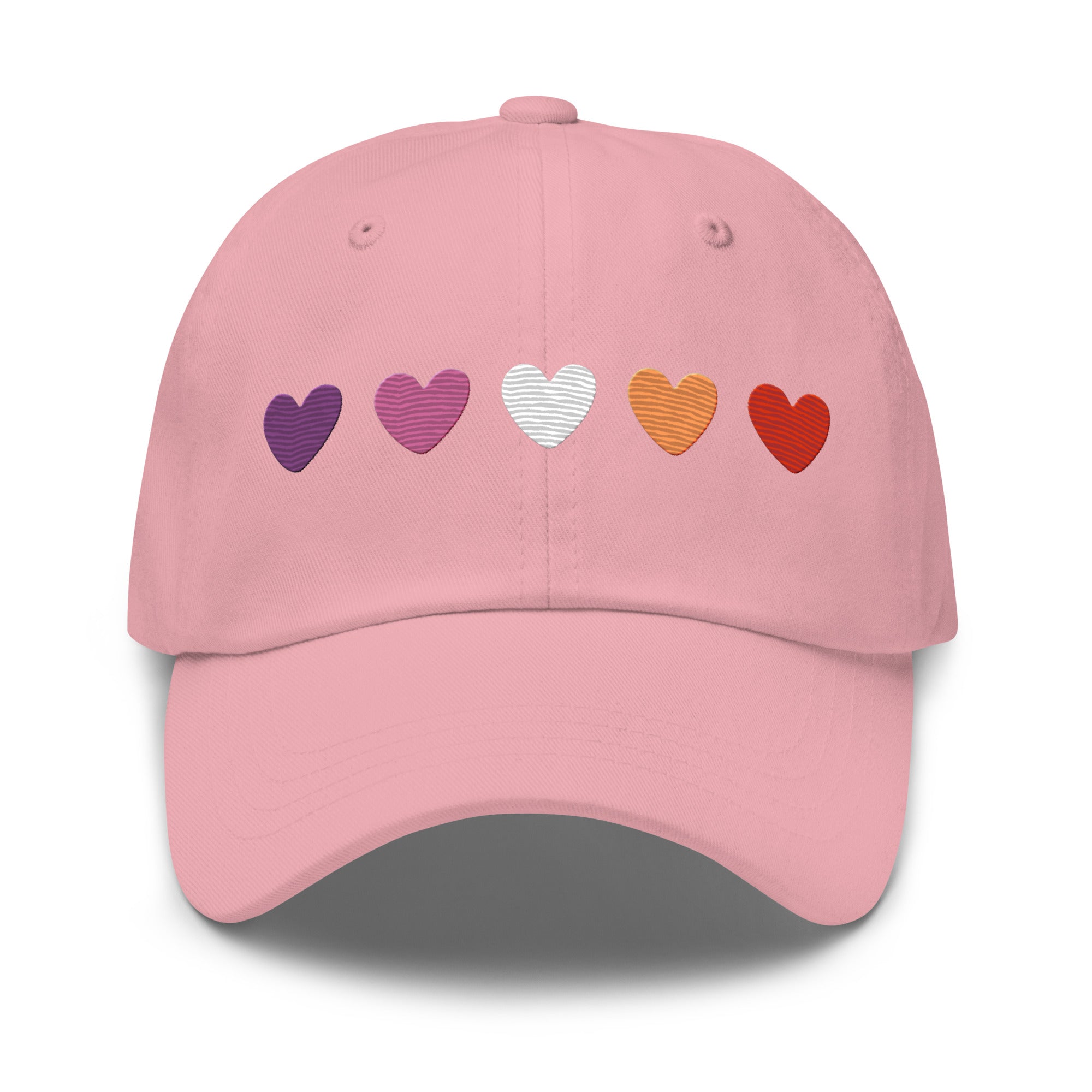 The Pridelity Lesbian Hearts Cap, in a vibrant pink hue, enhances pride outfits with its five embroidered hearts in shades of purple, lavender, white, orange, and red. Set against a plain background, this cap is the perfect accessory to celebrate love and diversity.