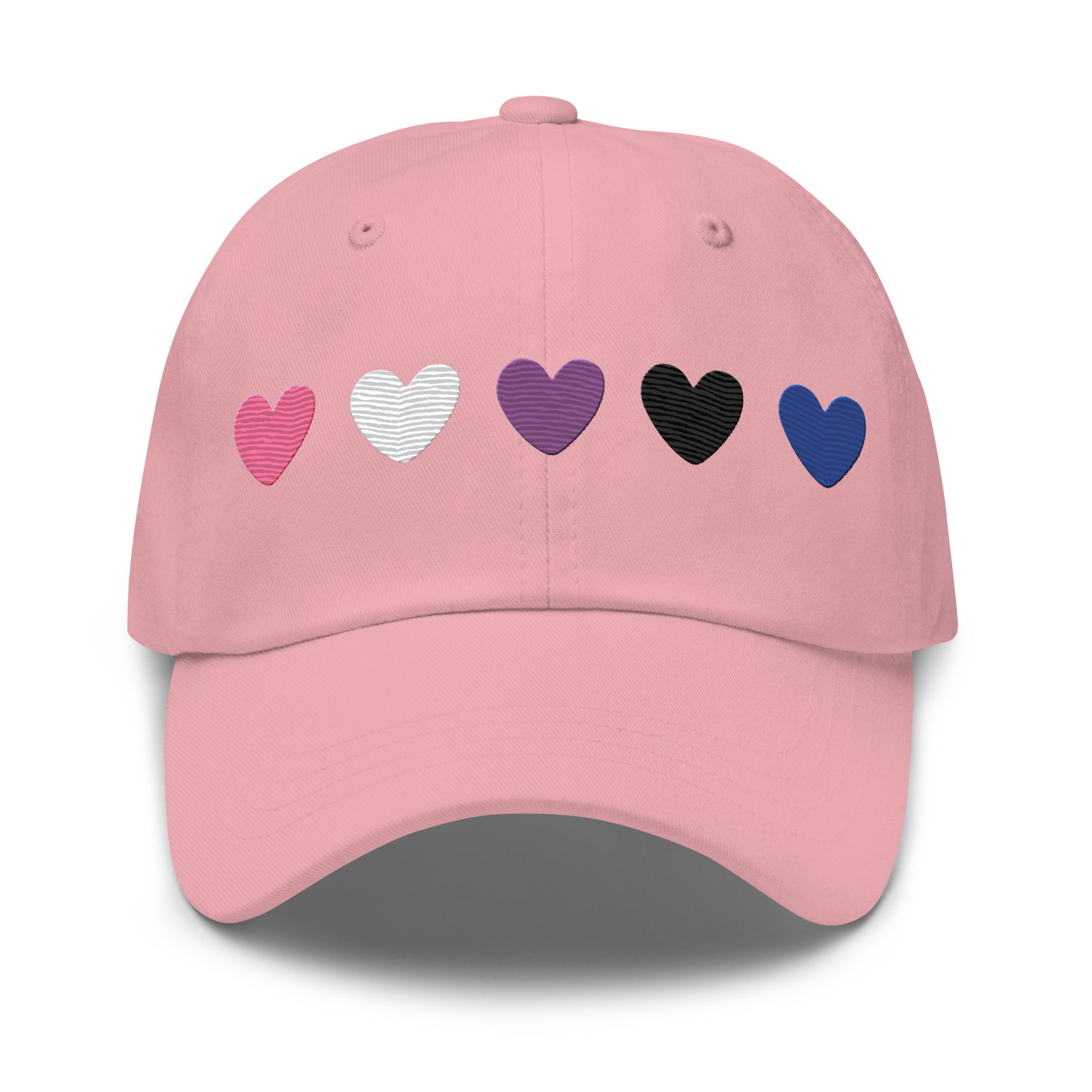 Introducing the Genderfluid Hearts Cap by Pridelity—a light blue baseball cap featuring five embroidered hearts in a vibrant spectrum of pink, gray, white, purple, black, and blue that captures the essence of pride outfits.