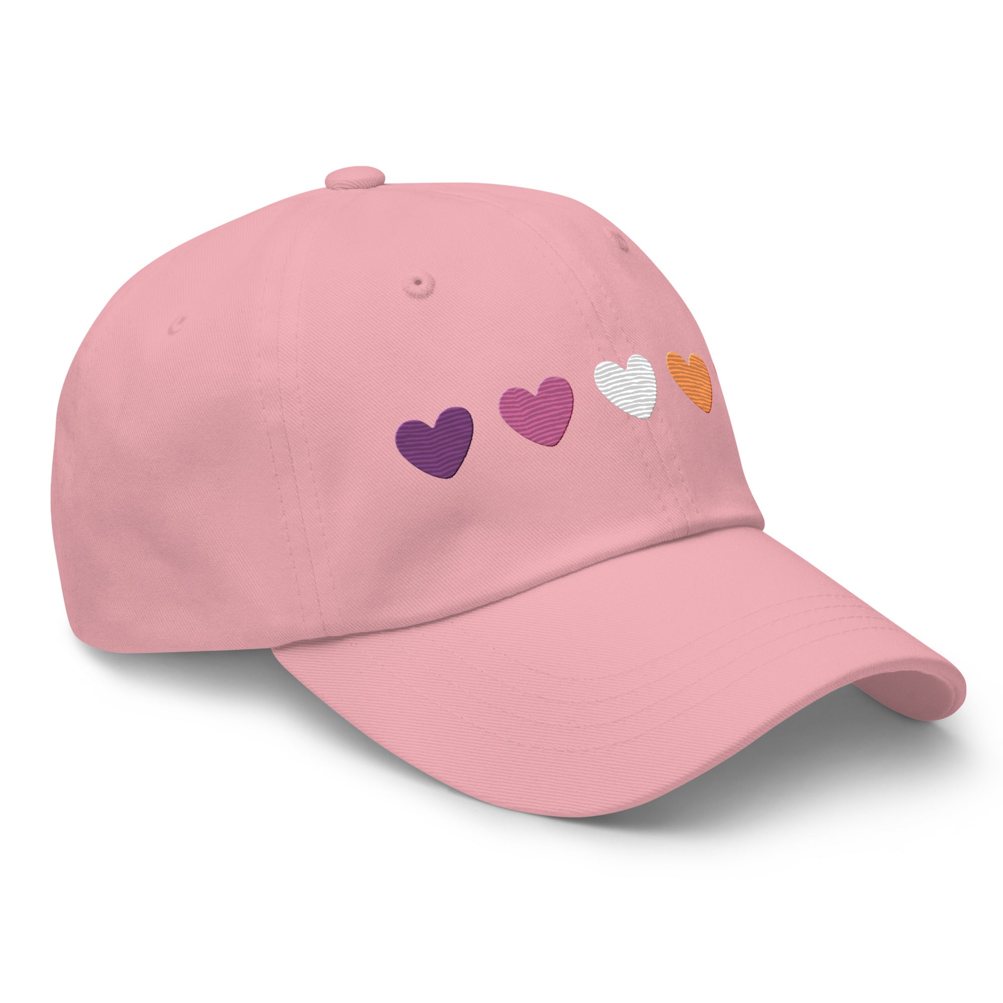 The Pridelity Lesbian Hearts Cap, in a vibrant pink hue, enhances pride outfits with its five embroidered hearts in shades of purple, lavender, white, orange, and red. Set against a plain background, this cap is the perfect accessory to celebrate love and diversity.