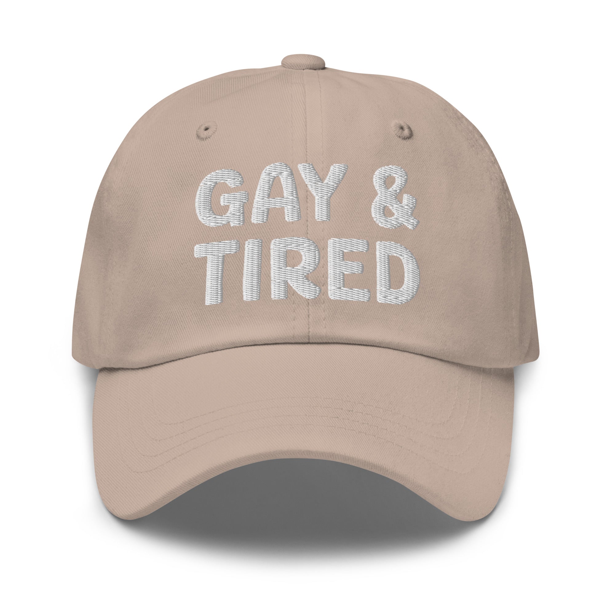 Introducing the Gay & Tired Cap by Pridelity, featuring bold white 