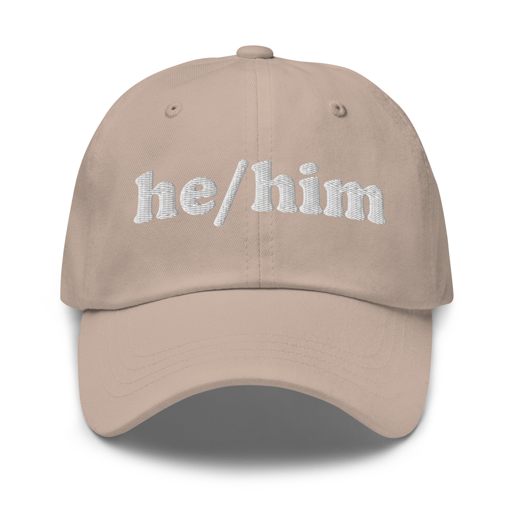 Introducing the He/Him Cap by Pridelity: A stylish black cap featuring 