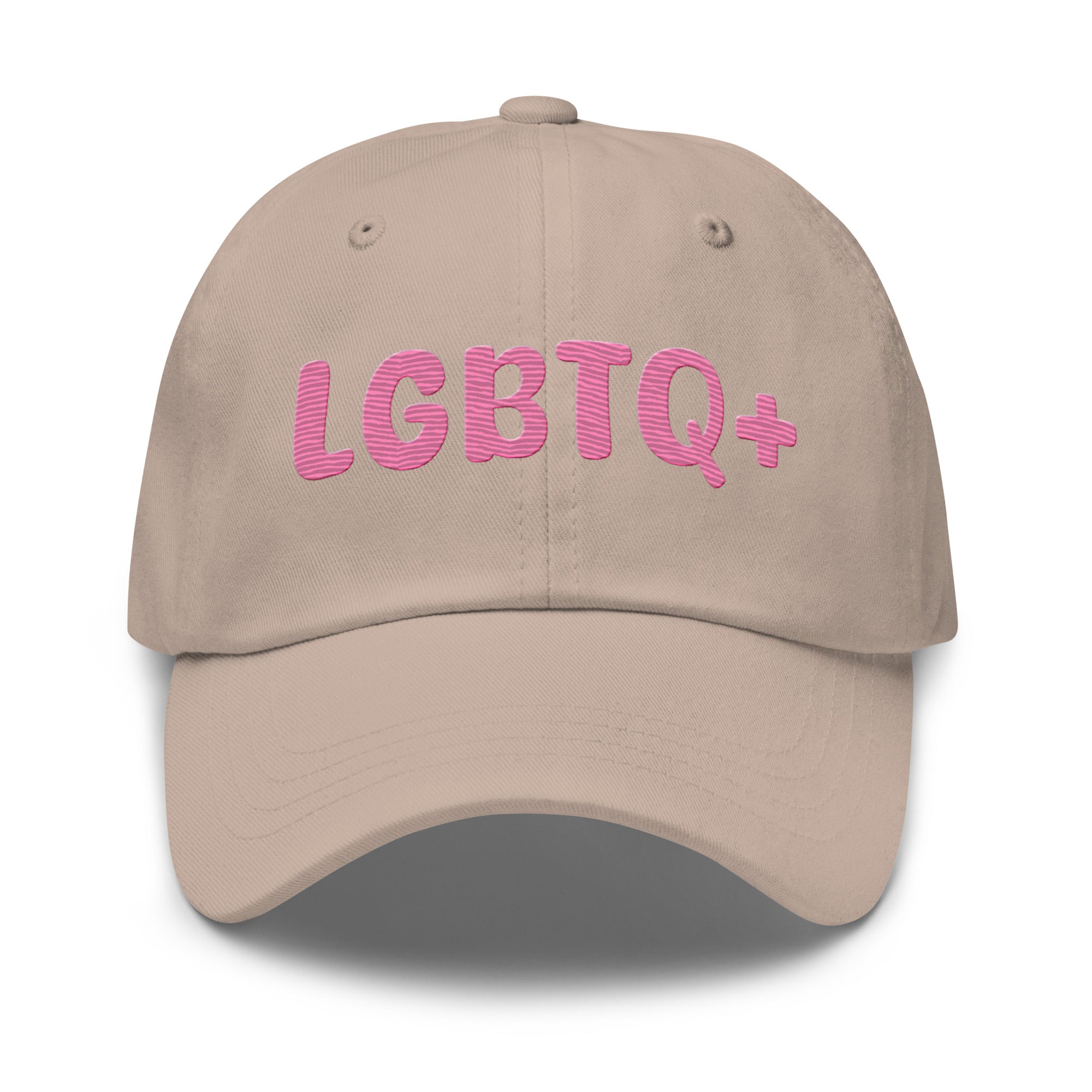 A white LGBTQ+ Cap by Pridelity, featuring pink lettering on the front, is perfect for enhancing pride outfits.