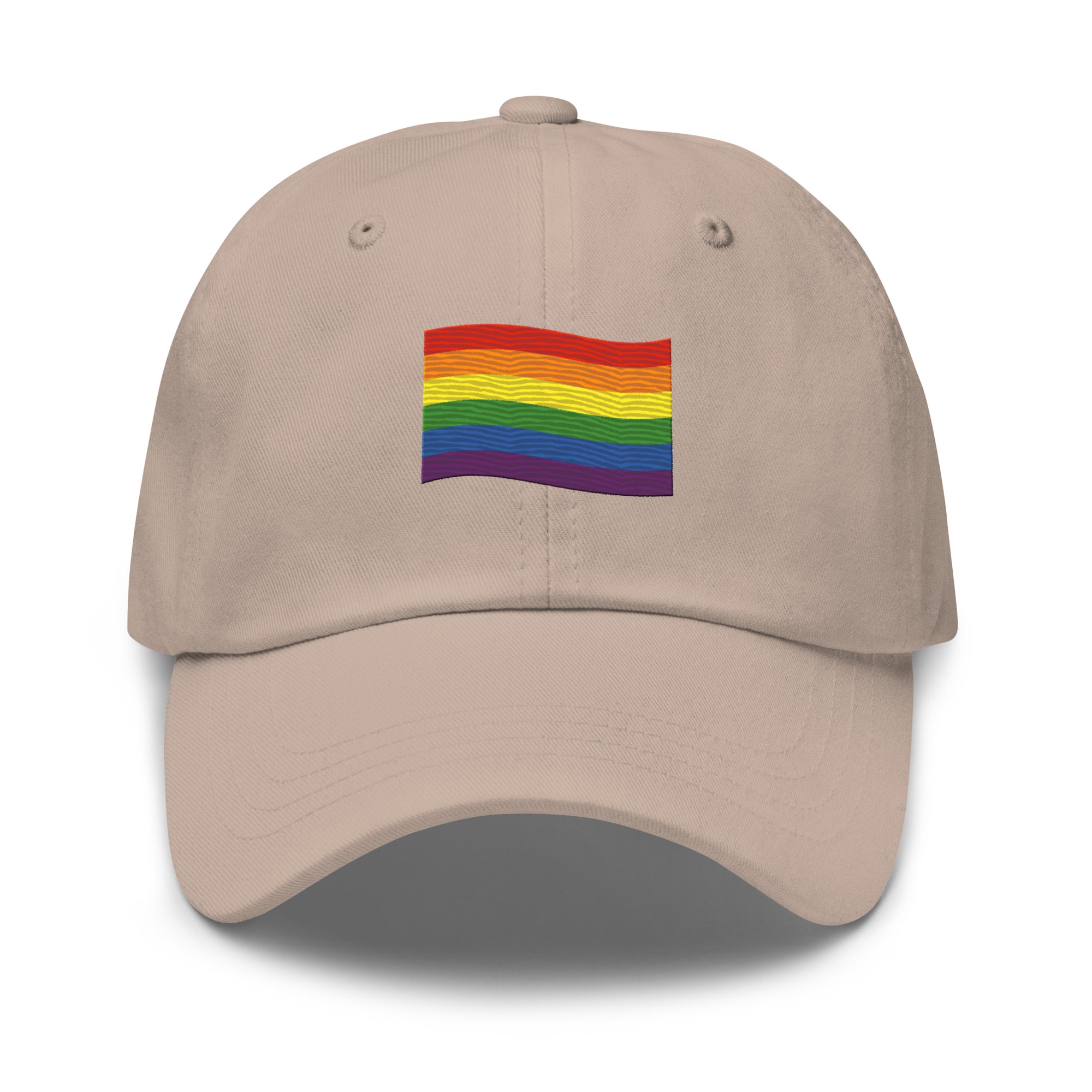 Introducing the Pridelity Pride Flag Cap, a sleek black design featuring a small rainbow flag emblem on the front. It's ideal for adding a touch of pride to your outfits, with the flag's horizontal stripes in red, orange, yellow, green, blue, and purple elegantly representing diversity and inclusion.