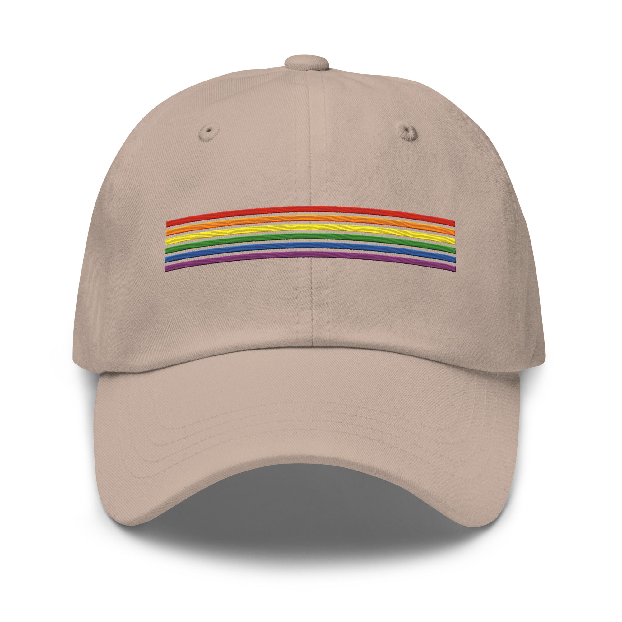 Introducing the Rainbow Stripes Cap by Pridelity: a black baseball cap adorned with a horizontal rainbow stripe, perfect for pride outfits. The vibrant colors pop against the dark fabric, making it a standout piece. Set against a white background, this cap is the ideal accessory to celebrate inclusivity and style.