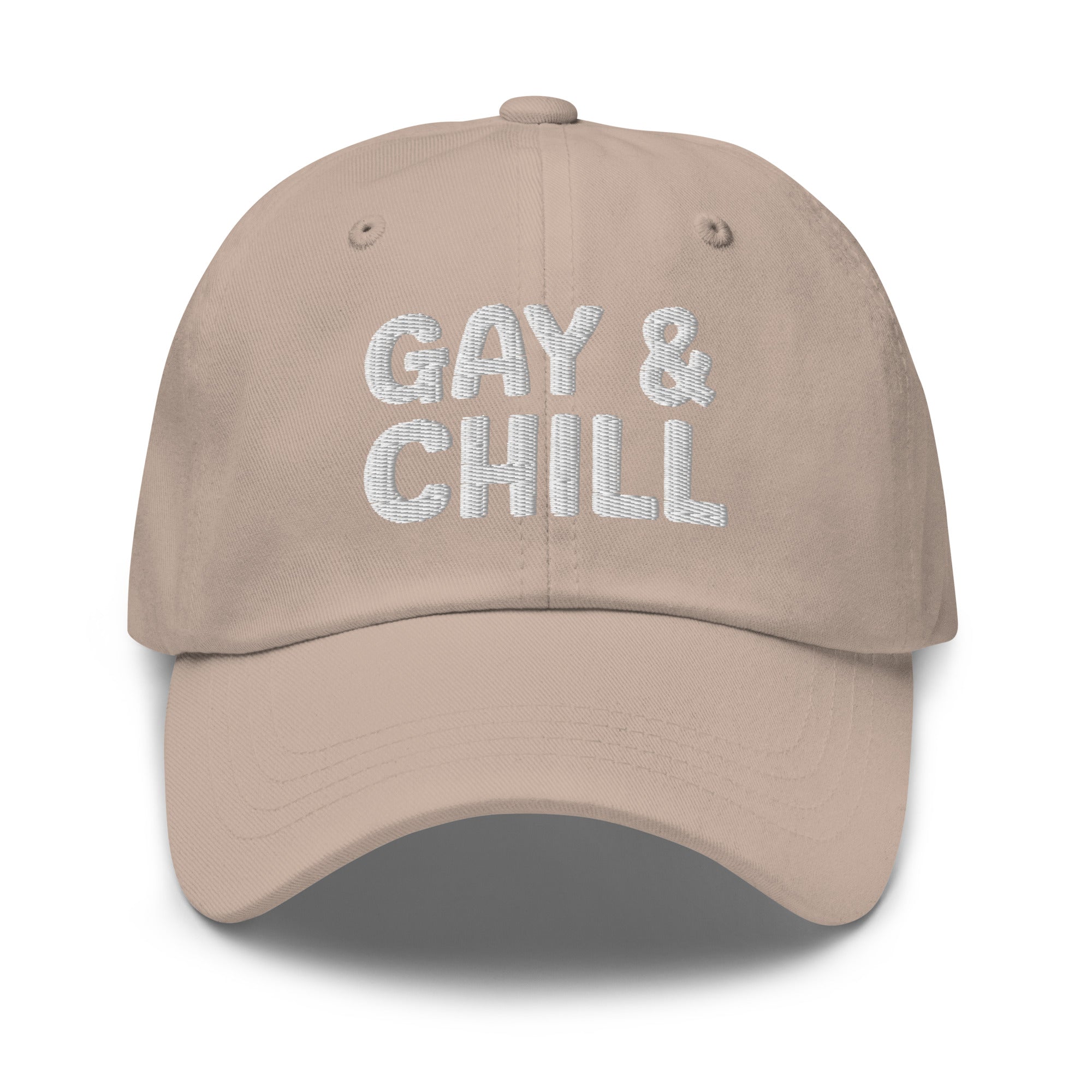 Introducing the Gay & Chill Cap by Pridelity, a black baseball cap ideal for pride outfits, featuring 