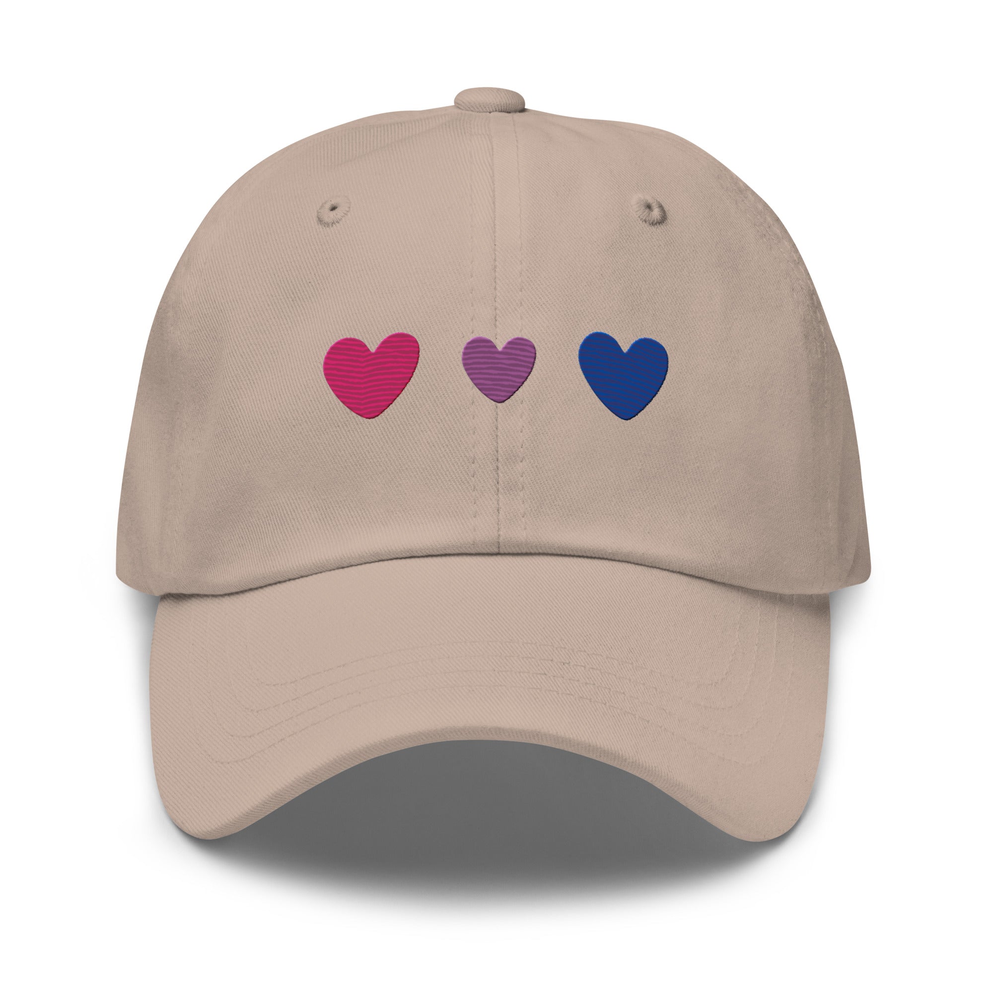 Introducing the Bisexual Hearts Cap by Pridelity, a black baseball cap from our Pride Collections featuring three embroidered hearts in a row on the front, colored pink, purple, and blue from left to right.