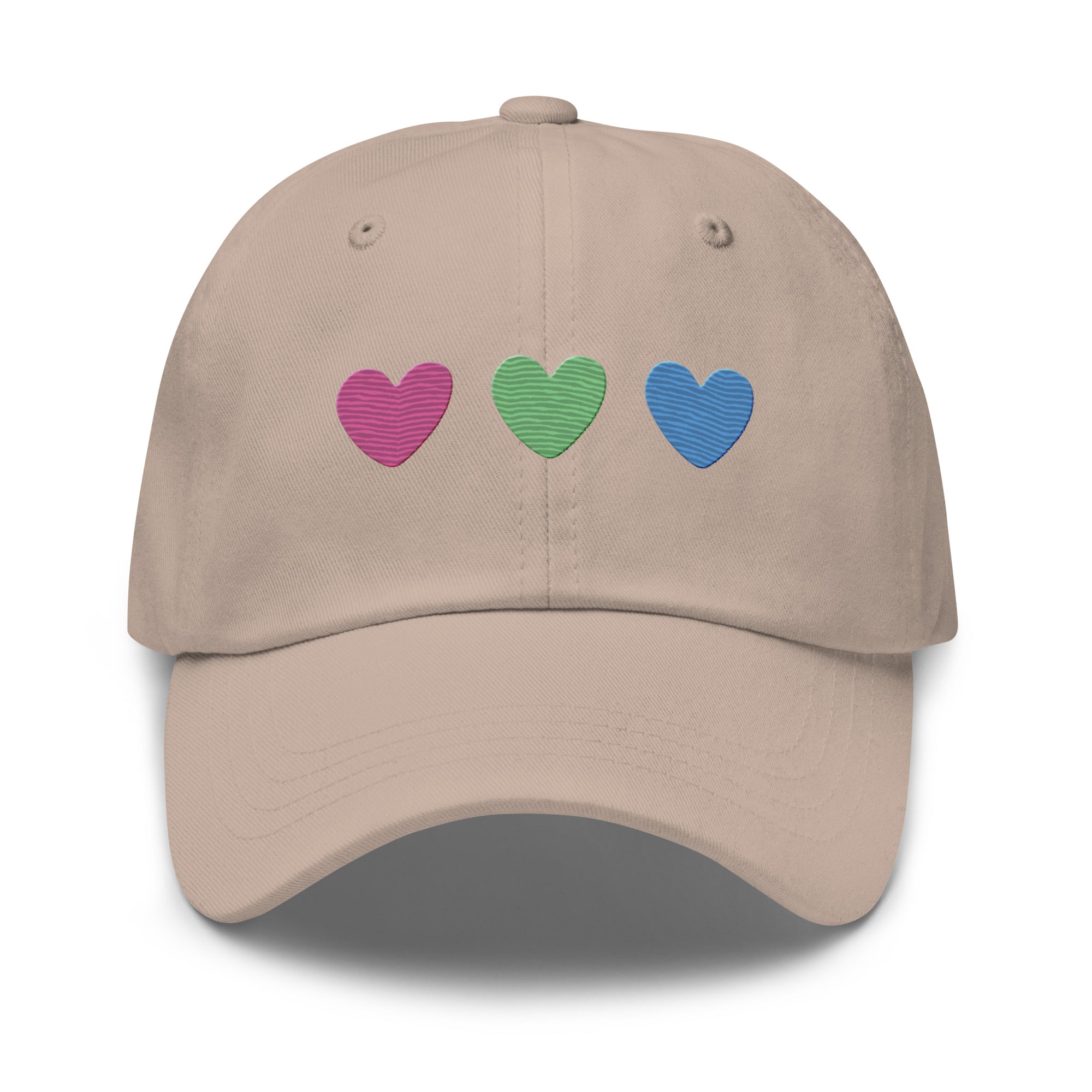 The Polysexual Hearts Cap by Pridelity is a black baseball cap ideal for pride outfits, featuring three embroidered hearts in pink, green, and blue arranged in a row on the front.