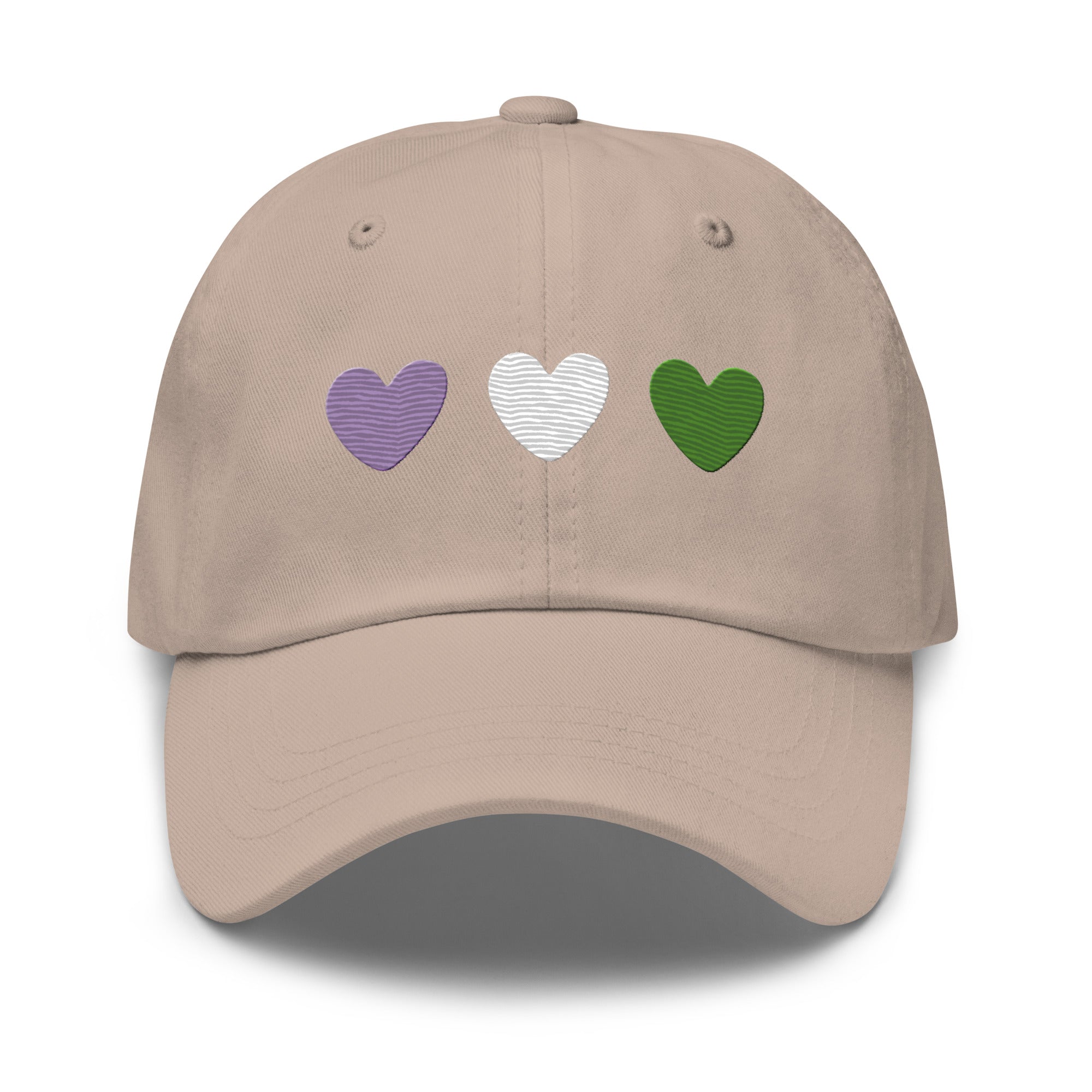 The Genderqueer Hearts Cap by Pridelity is a black baseball cap, ideal for pride outfits, featuring three heart designs embroidered on the front in purple, white, and green from left to right.