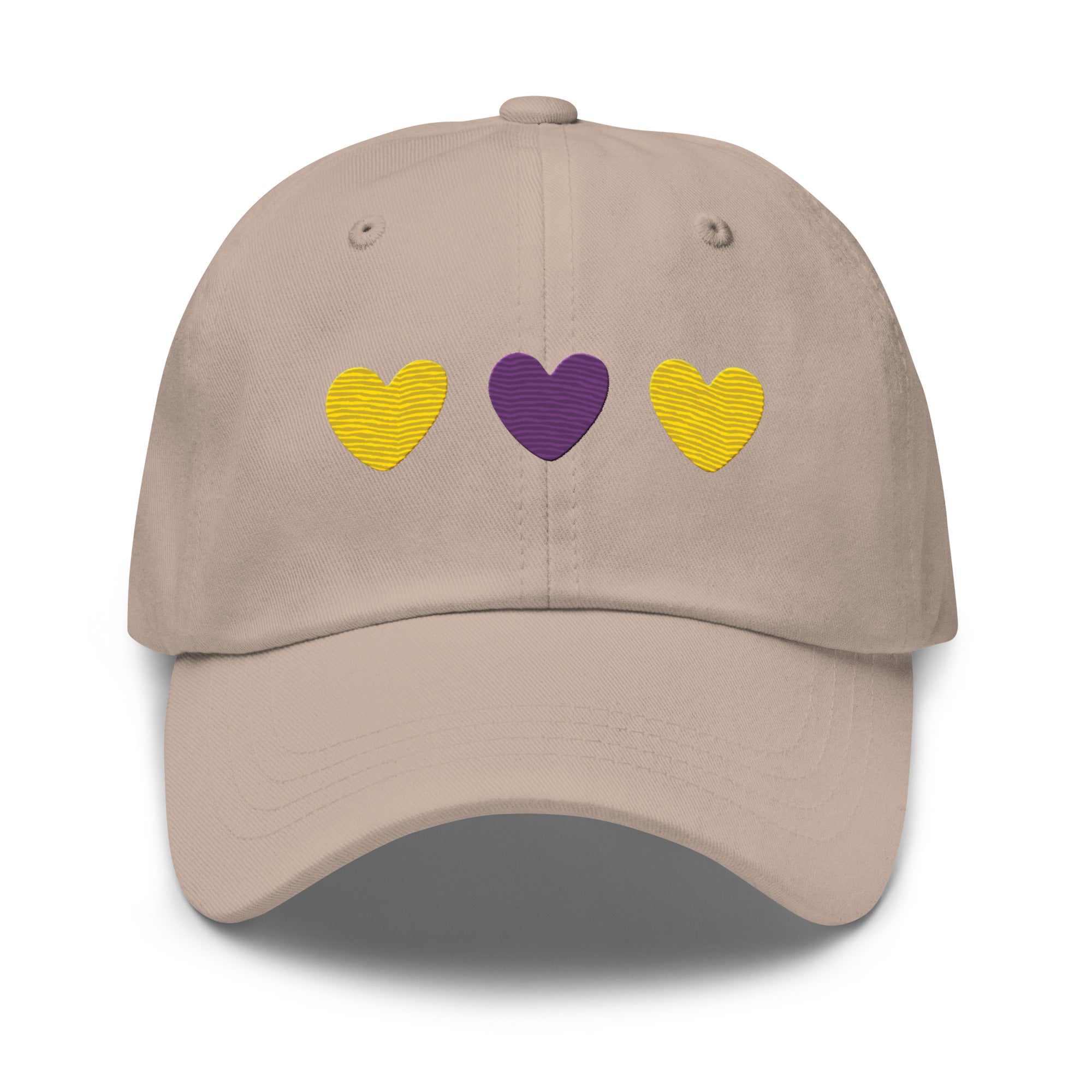 Introducing the Intersex Hearts Cap by Pridelity, a stylish black baseball cap ideal for pride outfits. It features three embroidered hearts, with two yellow ones on the sides and a purple heart prominently in the center.