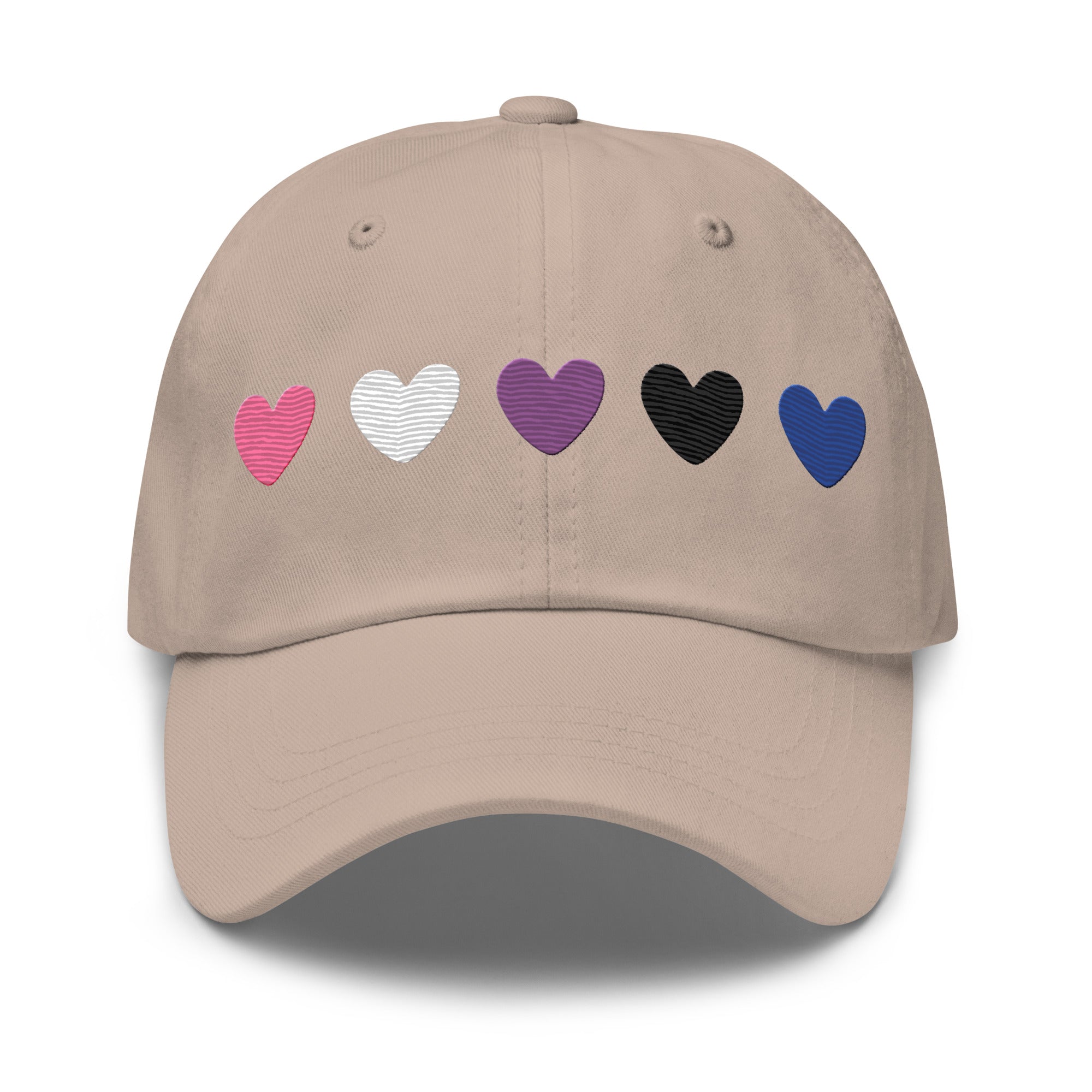 Introducing the Genderfluid Hearts Cap by Pridelity—a light blue baseball cap featuring five embroidered hearts in a vibrant spectrum of pink, gray, white, purple, black, and blue that captures the essence of pride outfits.