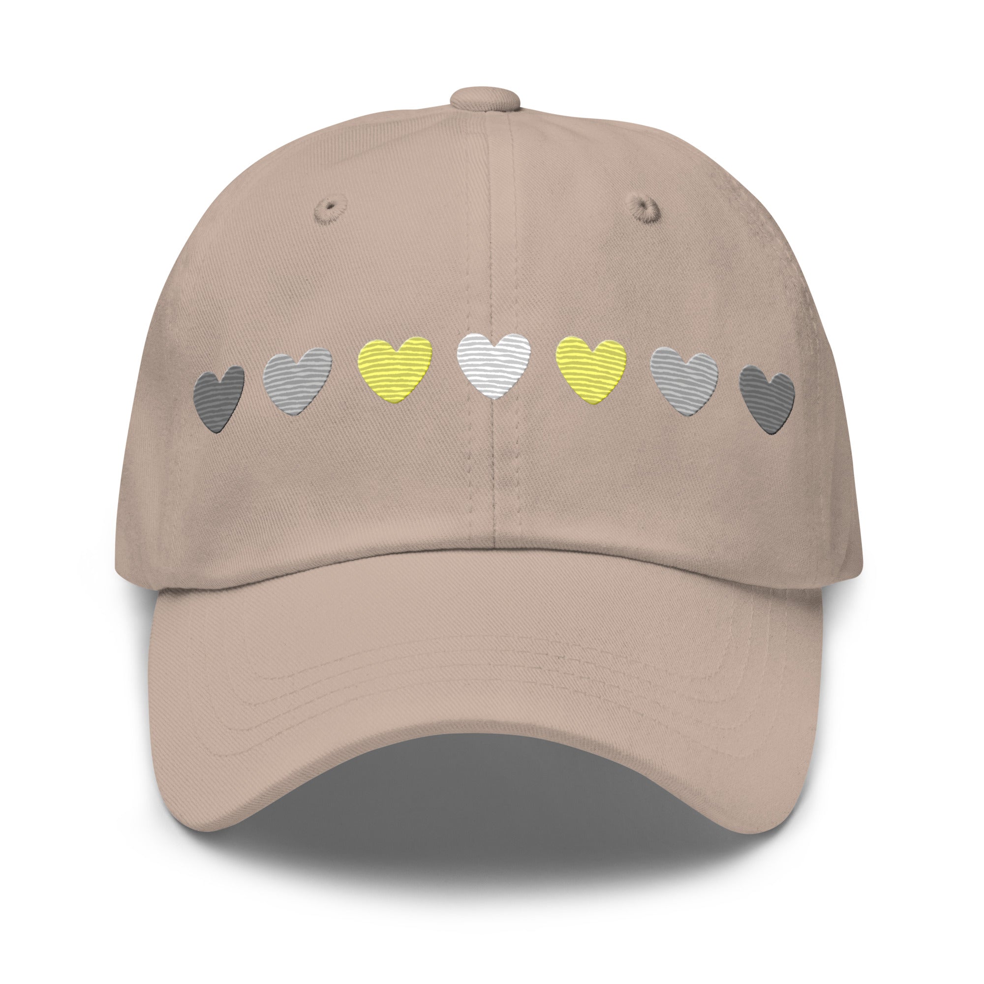 Introducing the Demigender Hearts Cap by Pridelity, a stylish black baseball cap ideal for pride outfits. It features a row of hearts embroidered on the front, transitioning seamlessly from gray on the left to vibrant yellow in the center, and back to gray on the right.