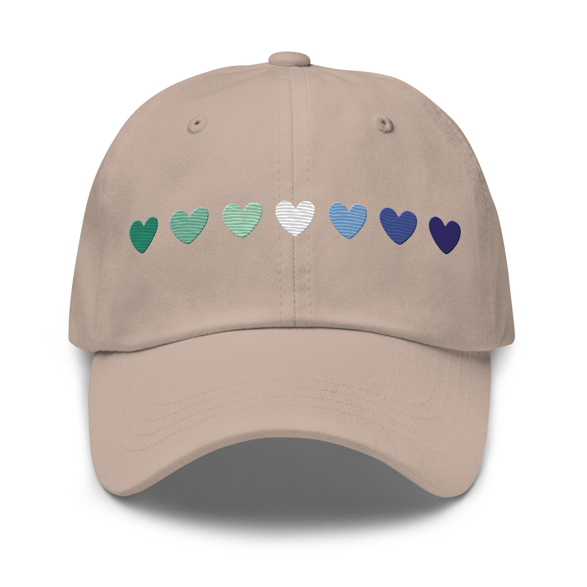 The Gay Men Hearts Cap by Pridelity is a black cap adorned with a row of seven hearts in gradient colors from green to blue, making it an ideal accessory for adding a subtle yet vibrant touch to pride outfits.