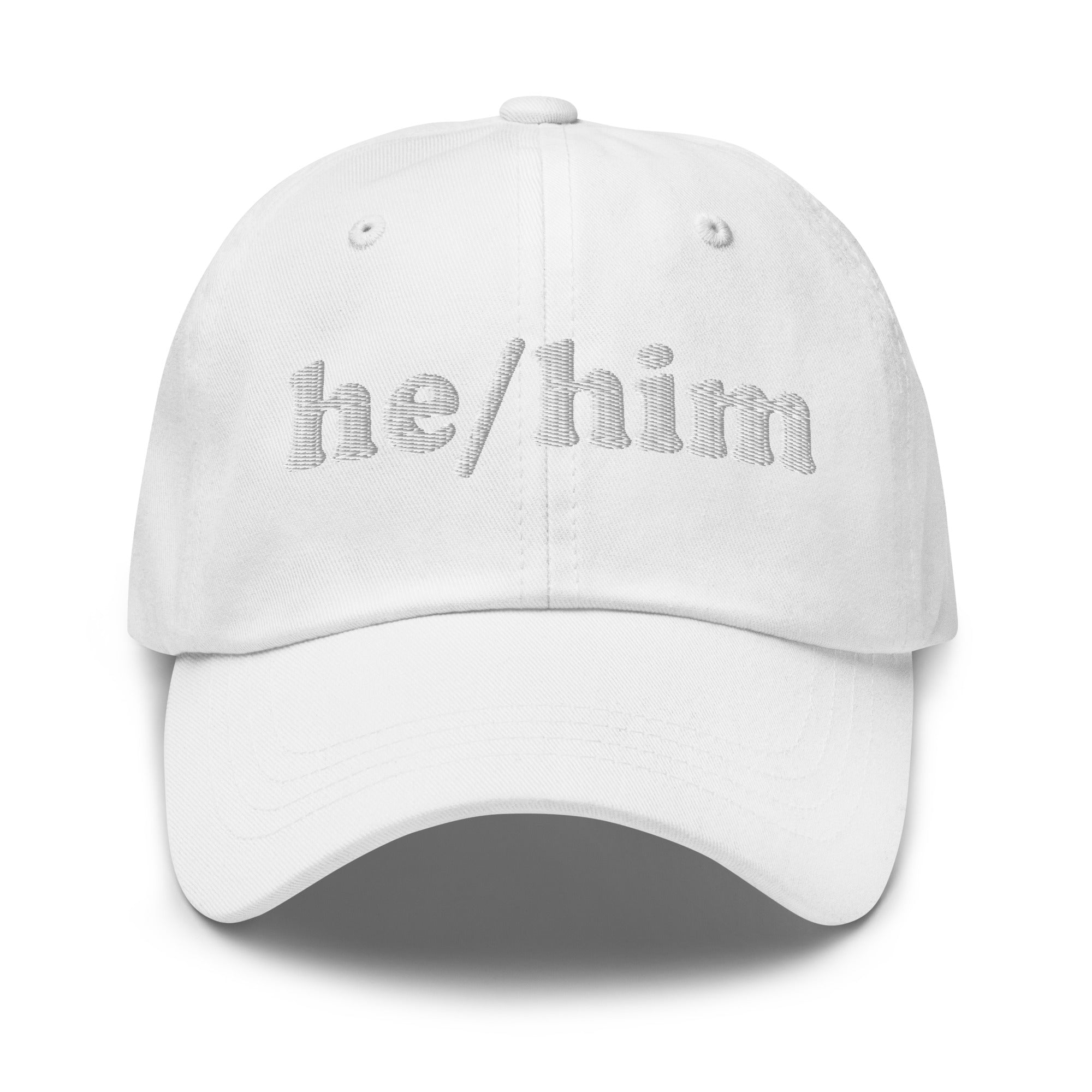 Introducing the He/Him Cap by Pridelity: A stylish black cap featuring 