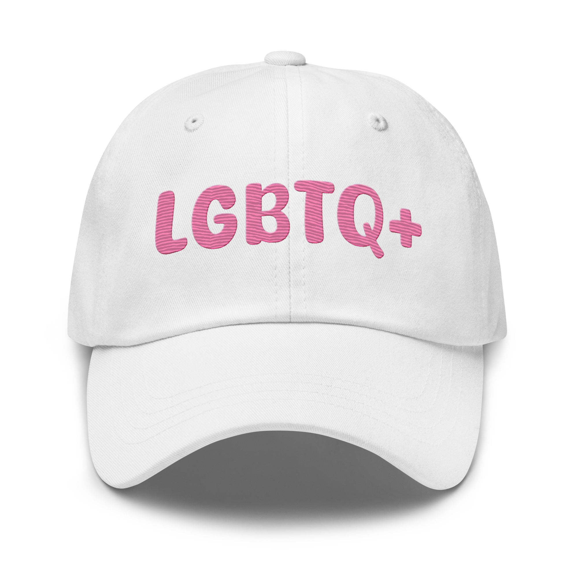 A white LGBTQ+ Cap by Pridelity, featuring pink lettering on the front, is perfect for enhancing pride outfits.