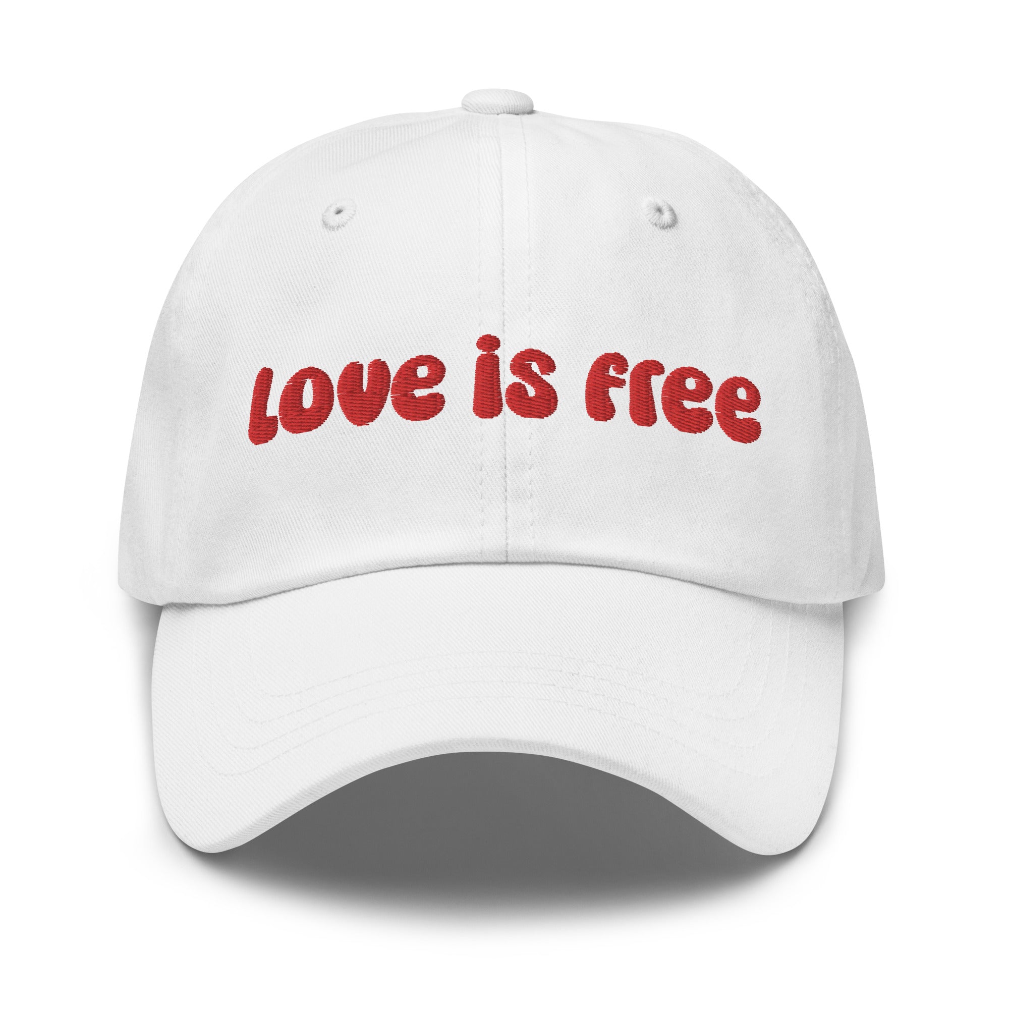 The Pridelity Love Is Free Cap, in a striking white color, is an ideal addition to pride outfits. It boasts the phrase 