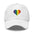 The Pride Heart Cap by Pridelity is a stylish black baseball cap adorned with a vibrant rainbow-colored heart design on the front, ideal for enhancing any pride outfit.