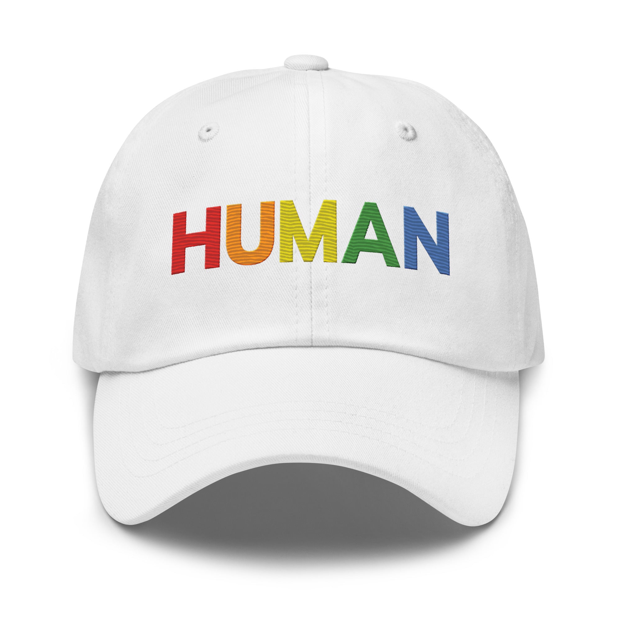 The Pridelity Human Cap is a black baseball hat, ideal for complementing pride ensembles, with the word 