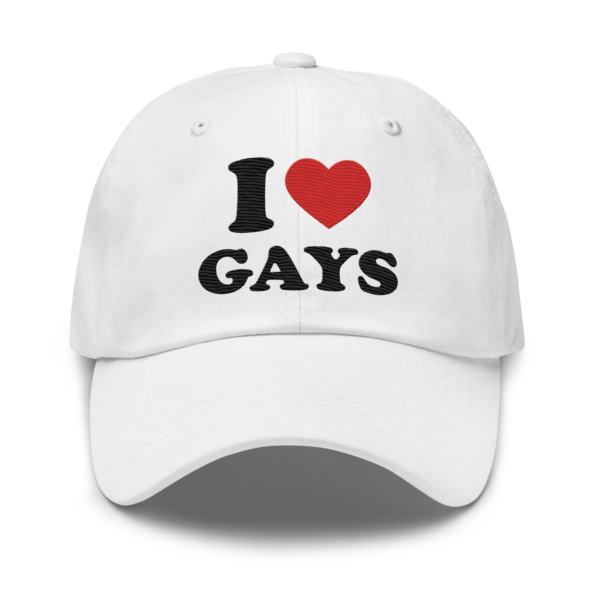 The I Love Gays Cap by Pridelity is a standout piece in pride outfits, showcasing the phrase 