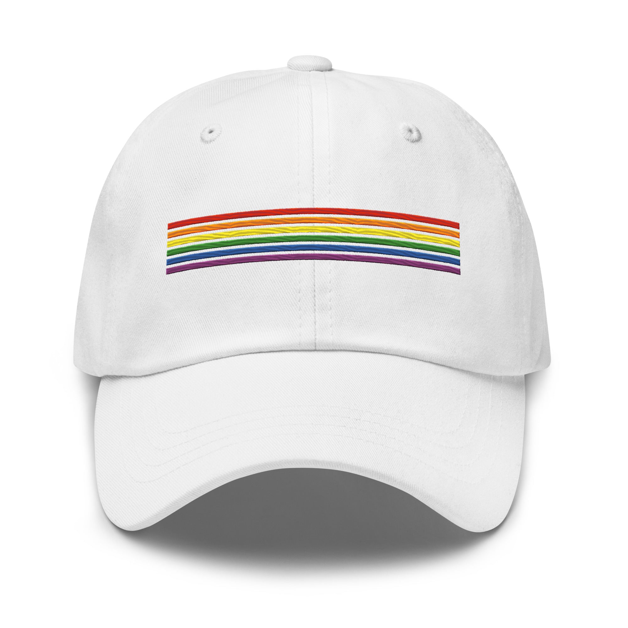 Introducing the Rainbow Stripes Cap by Pridelity: a black baseball cap adorned with a horizontal rainbow stripe, perfect for pride outfits. The vibrant colors pop against the dark fabric, making it a standout piece. Set against a white background, this cap is the ideal accessory to celebrate inclusivity and style.