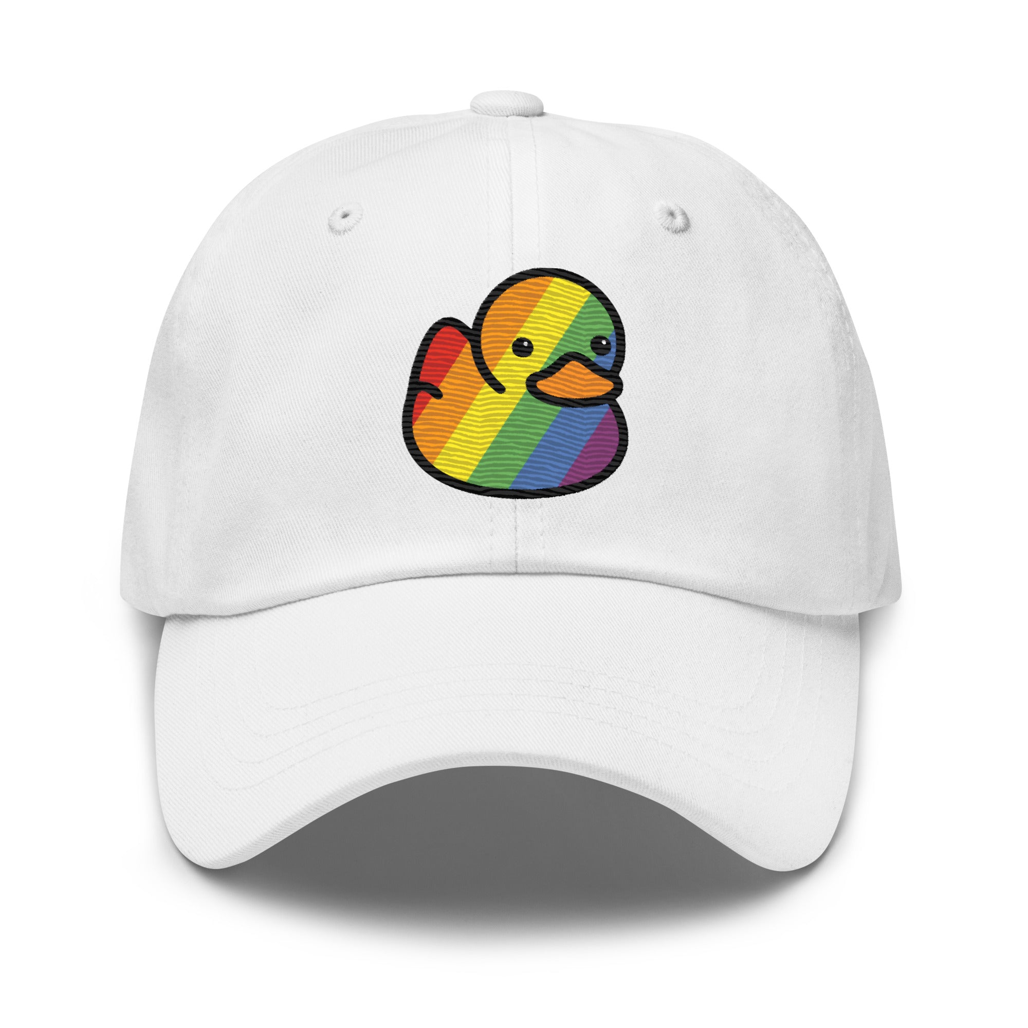 Introducing the Pride Duck Cap by Pridelity: a stylish black baseball cap adorned with an embroidered rainbow-patterned rubber duck, making it an ideal accessory for pride outfits. The vibrant design stands out beautifully against the solid black fabric, perfectly positioned at the center front of the cap.