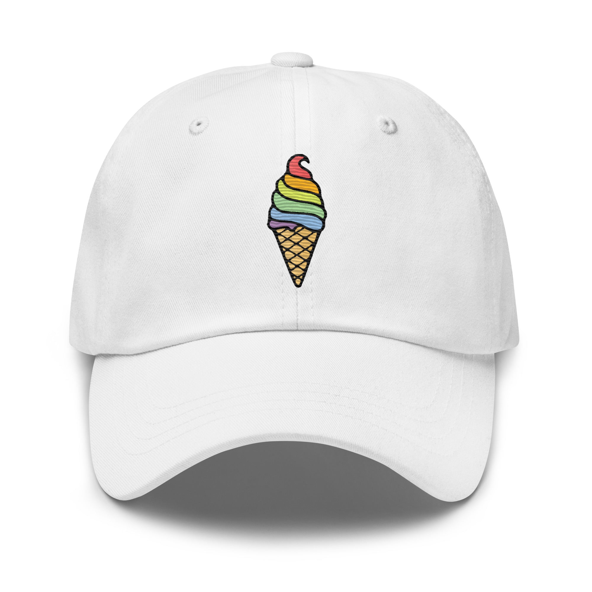 The Ice Cream Pride Cap by Pridelity is a black baseball cap featuring a vibrant embroidered ice cream cone with rainbow-colored swirls, making it an ideal accessory for pride outfits.