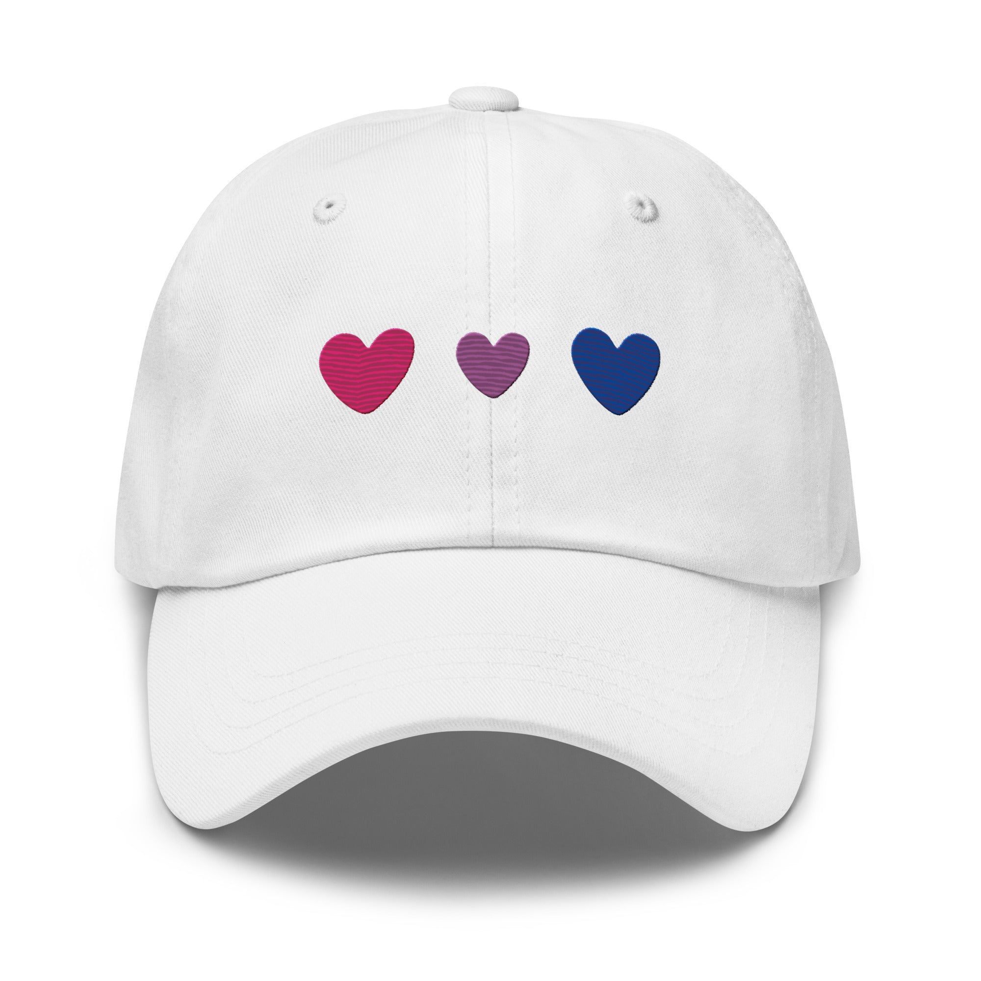 Introducing the Bisexual Hearts Cap by Pridelity, a black baseball cap from our Pride Collections featuring three embroidered hearts in a row on the front, colored pink, purple, and blue from left to right.