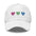 The Polysexual Hearts Cap by Pridelity is a black baseball cap ideal for pride outfits, featuring three embroidered hearts in pink, green, and blue arranged in a row on the front.