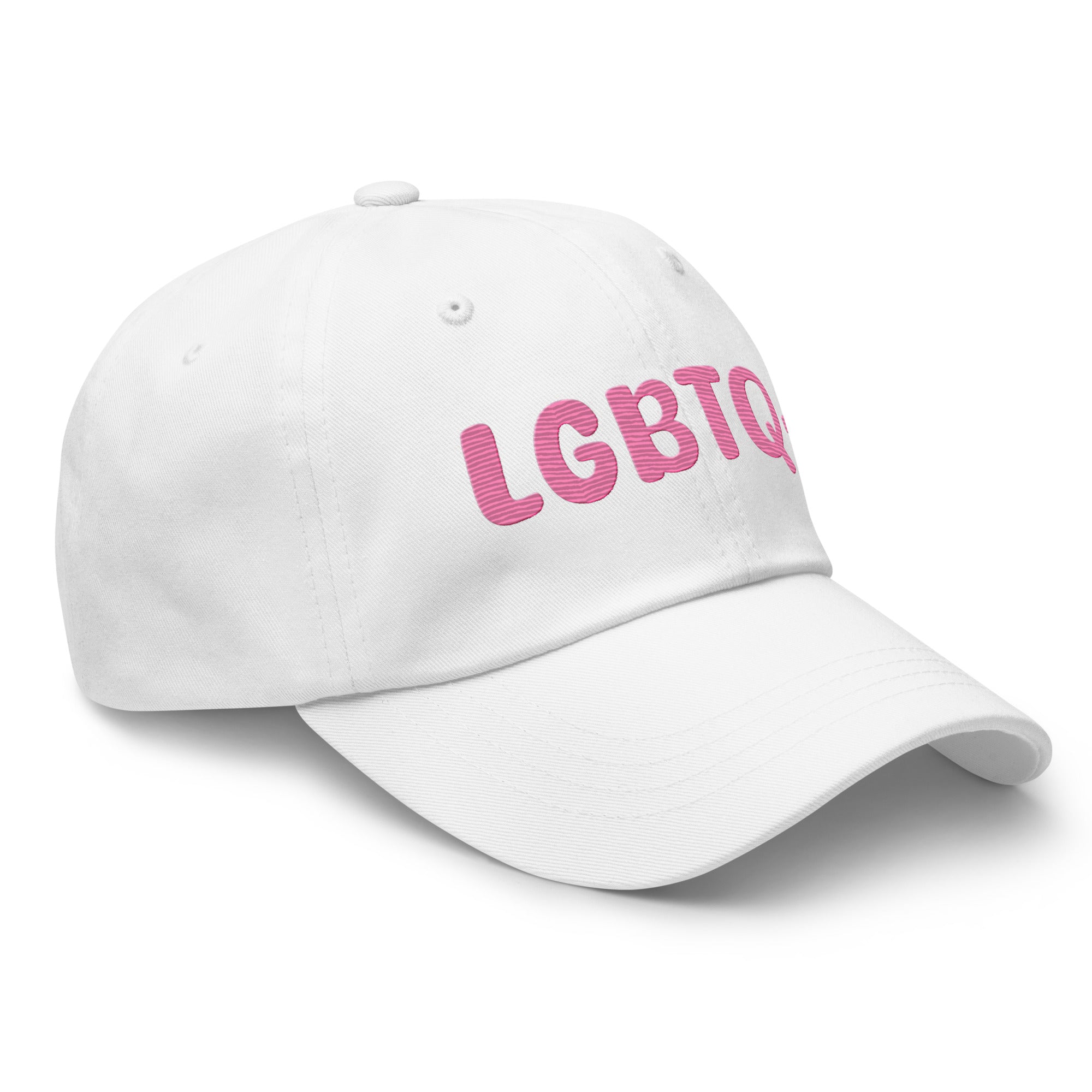 A white LGBTQ+ Cap by Pridelity, featuring pink lettering on the front, is perfect for enhancing pride outfits.