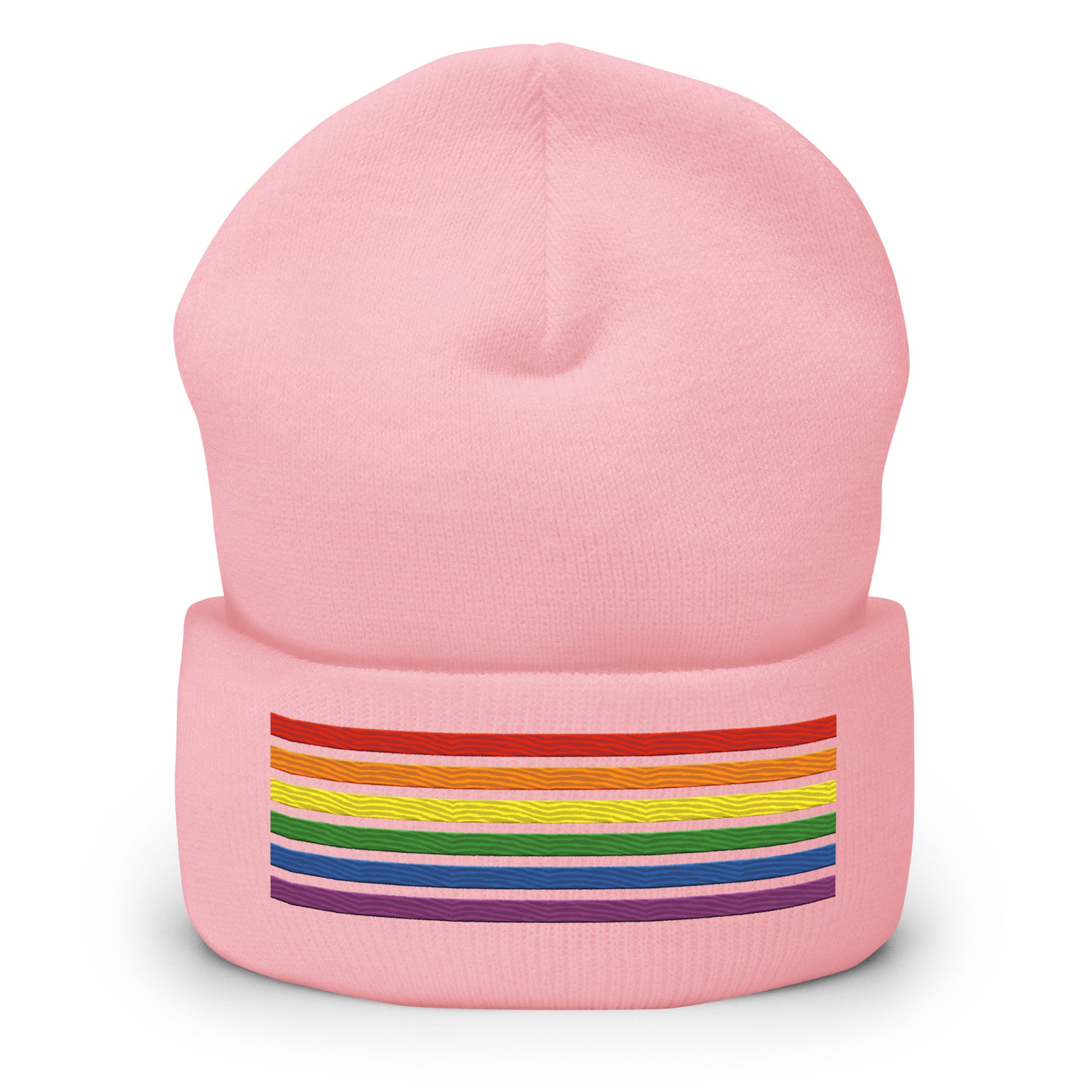 Introducing the Rainbow Beanie from Pridelity, a highlight in gay clothing that features vivid horizontal stripes in red, orange, yellow, green, blue, and purple on a white background.