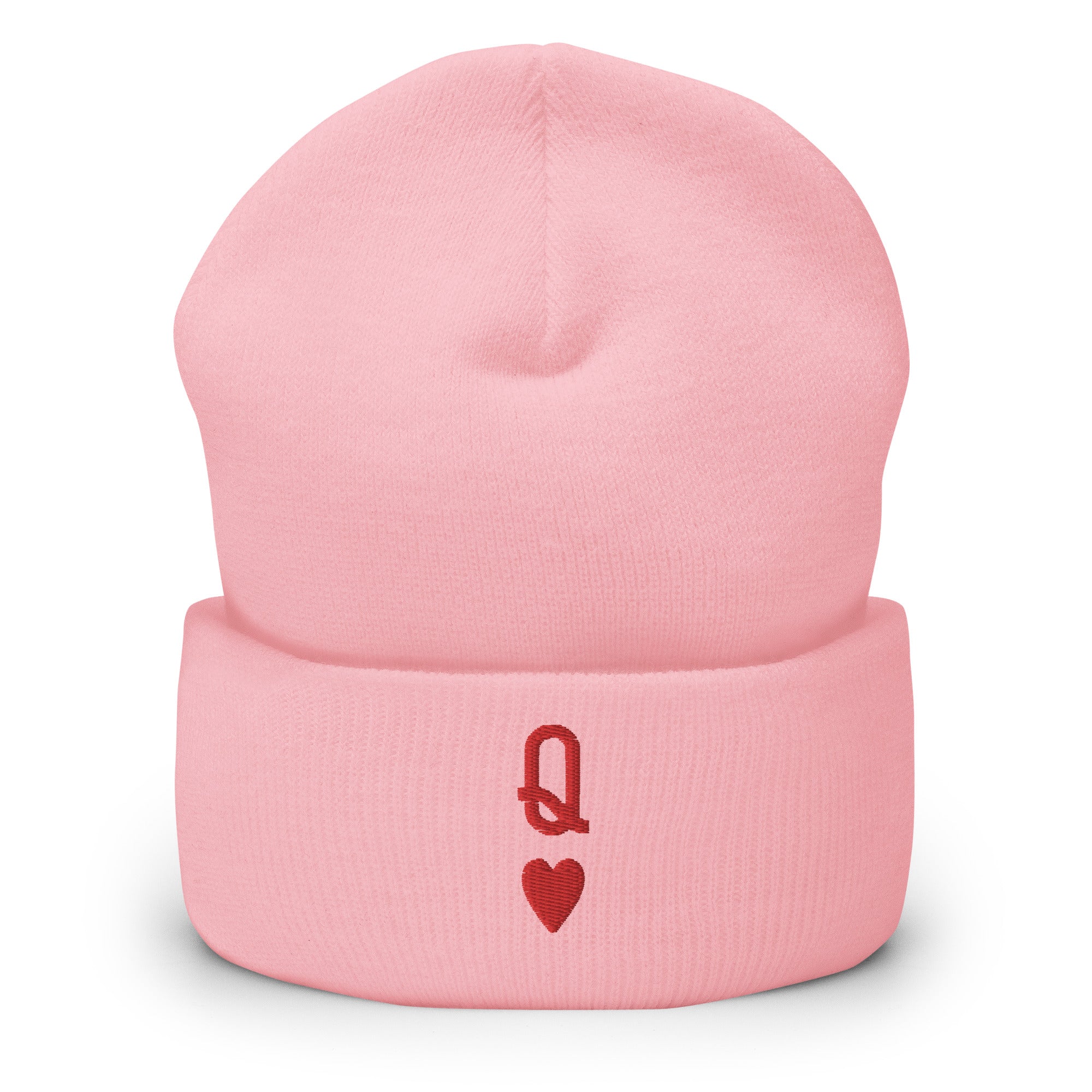 Introducing the Queen Beanie by Pridelity – a stylish white beanie with a chic red embroidered 