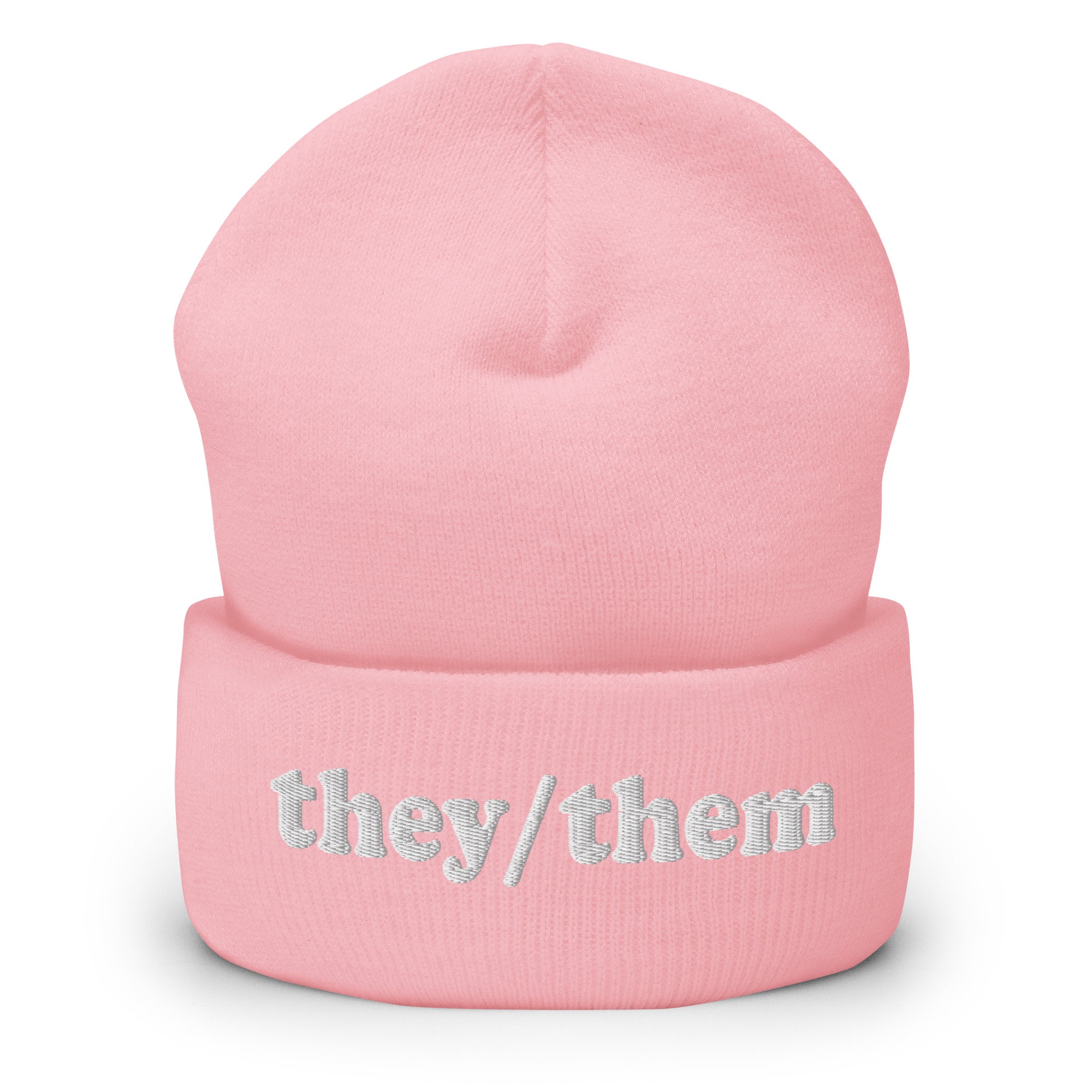 The Pridelity They/Them Beanie in heather grey features 