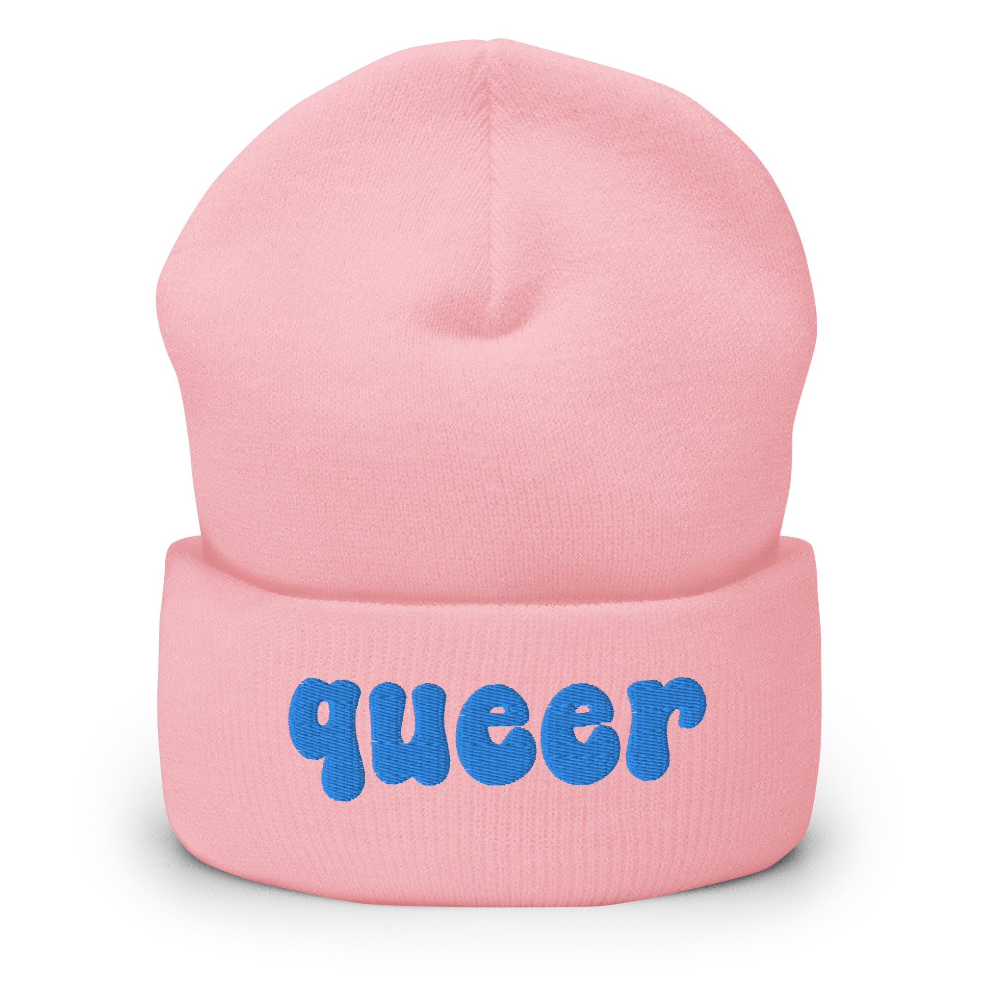 The Queer Beanie by Pridelity, in a delightful baby pink with the word 