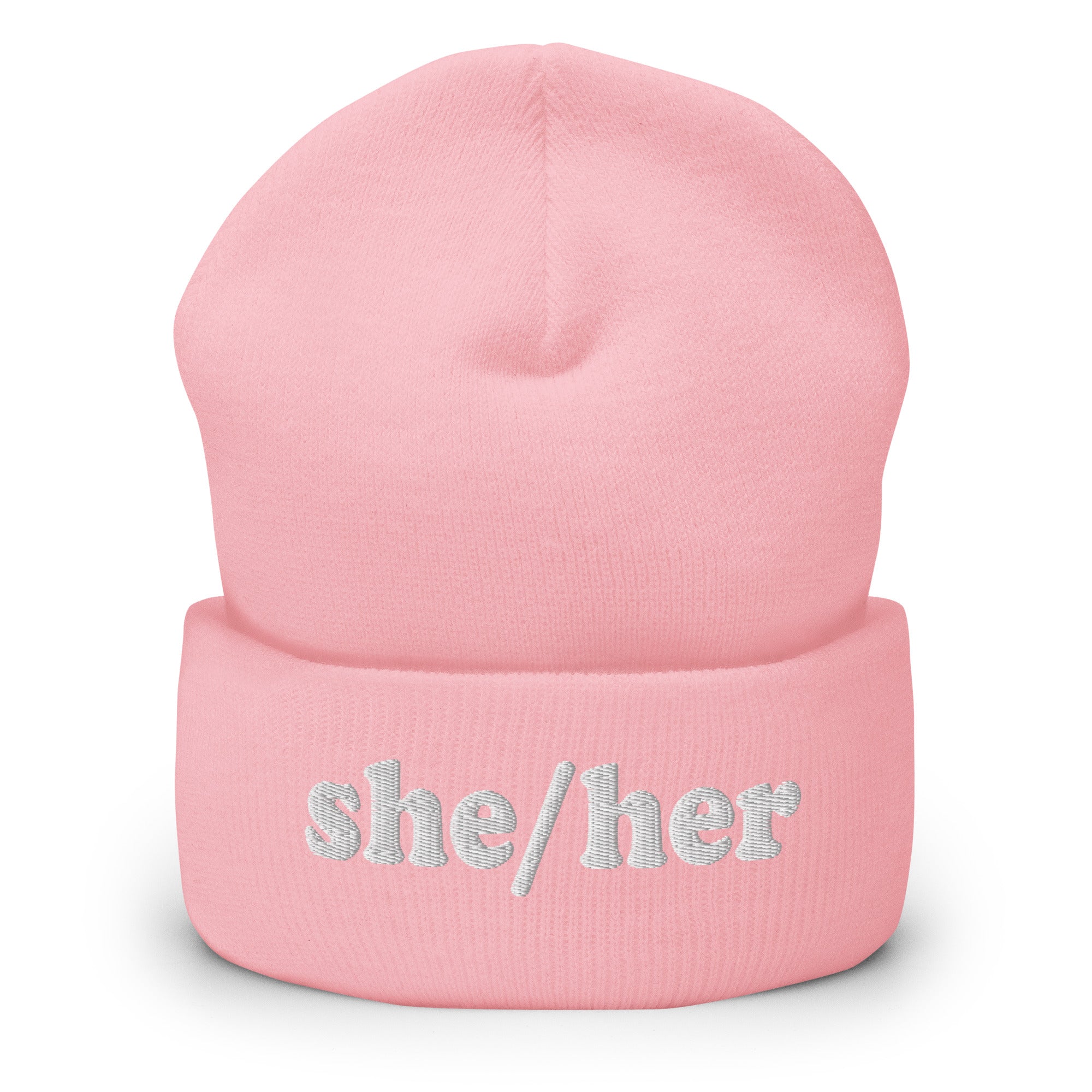 The She/Her Beanie by Pridelity, ideal for those seeking gay clothing options, is a heather grey knit beanie with the pronouns 