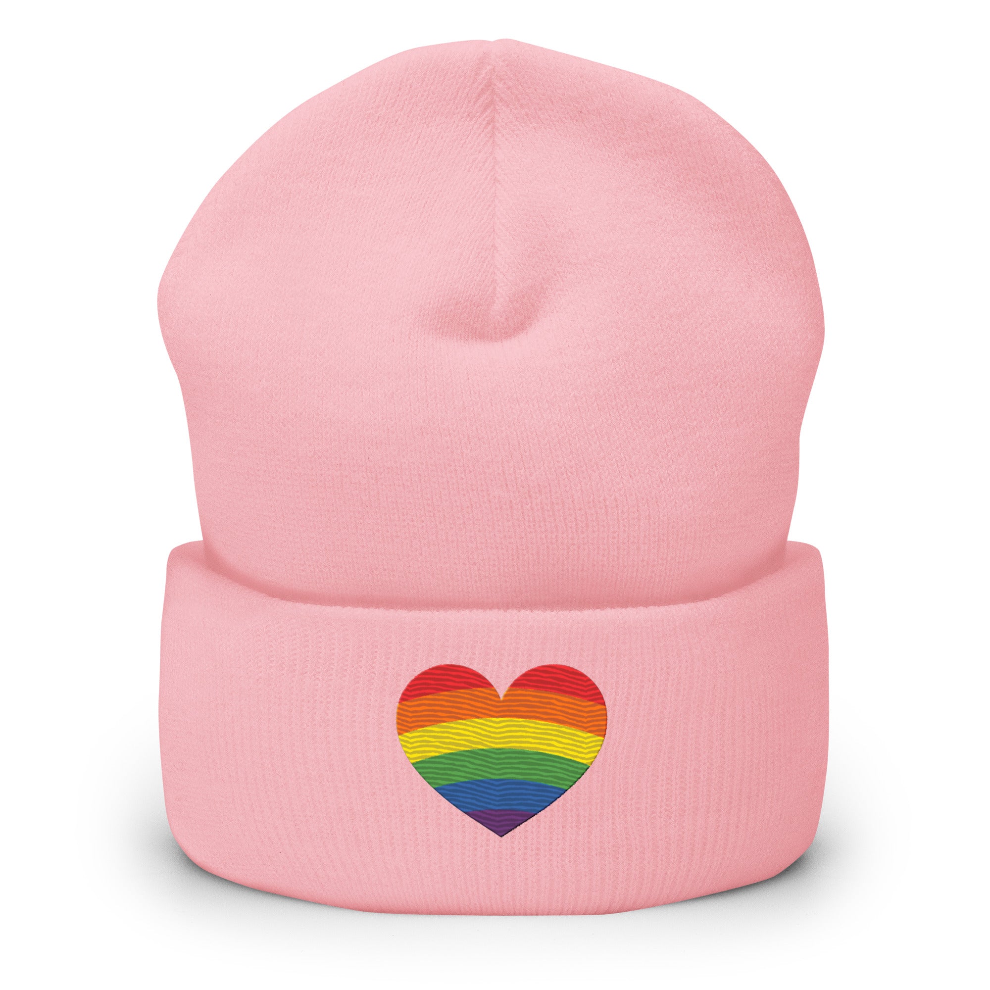 A black Heart Beanie by Pridelity, adorned with a rainbow-striped heart emblem representing the spirit of gay clothing, is showcased against a plain white background. The vibrant heart signifies diversity and inclusion.