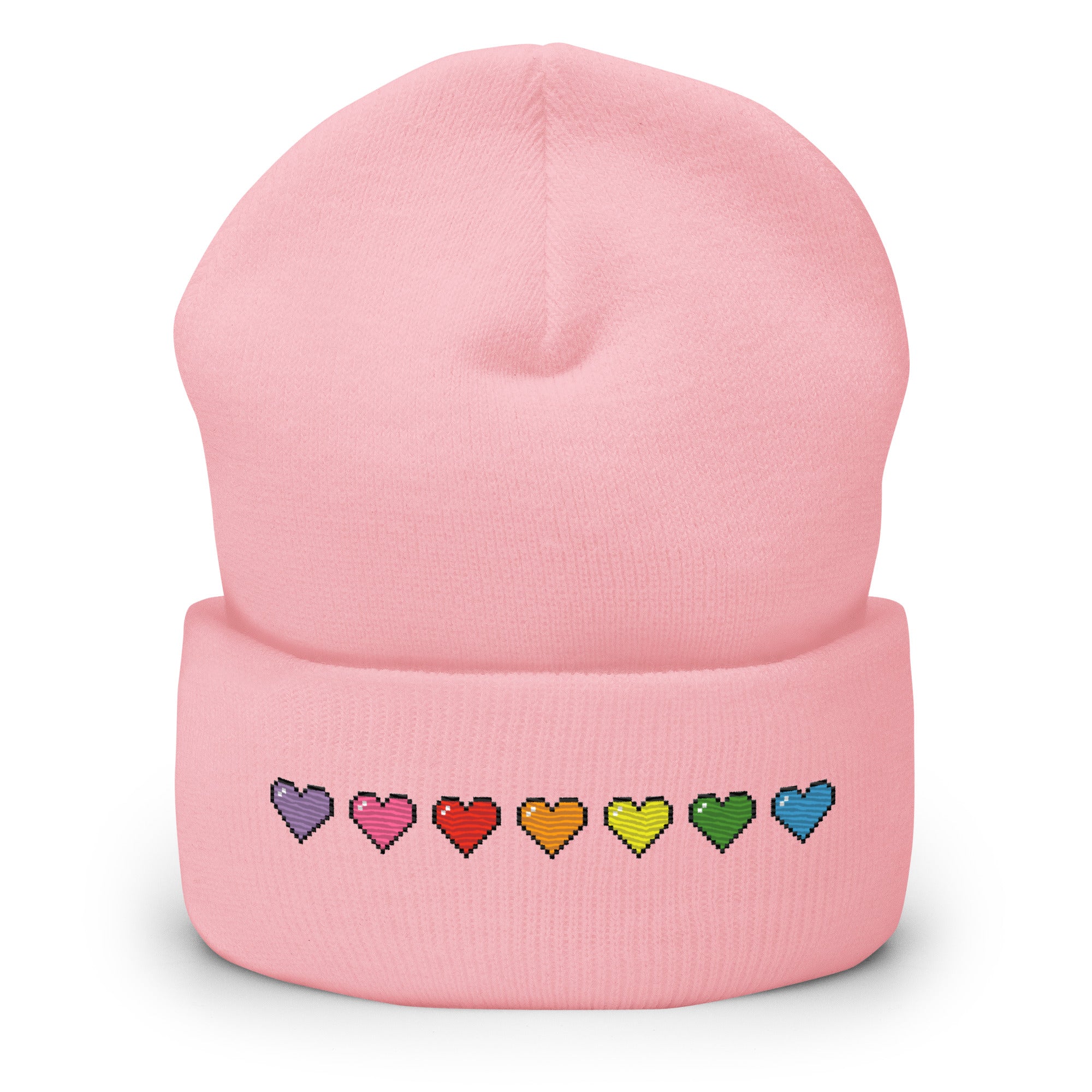 The Pixel Hearts Beanie by Pridelity, in heather grey, celebrates gay pride with a horizontal row of seven stitched pixelated retro gaming-style hearts in the rainbow colors: red, orange, yellow, green, light blue, dark blue, and purple.