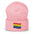 The Pride Flag Beanie by Pridelity is a white beanie adorned with an embroidered colorful rainbow flag on its folded brim, ideal for anyone looking for gay clothing that celebrates identity. The vibrant flag showcases red, orange, yellow, green, blue, and purple stripes representing LGBTQ+ pride.