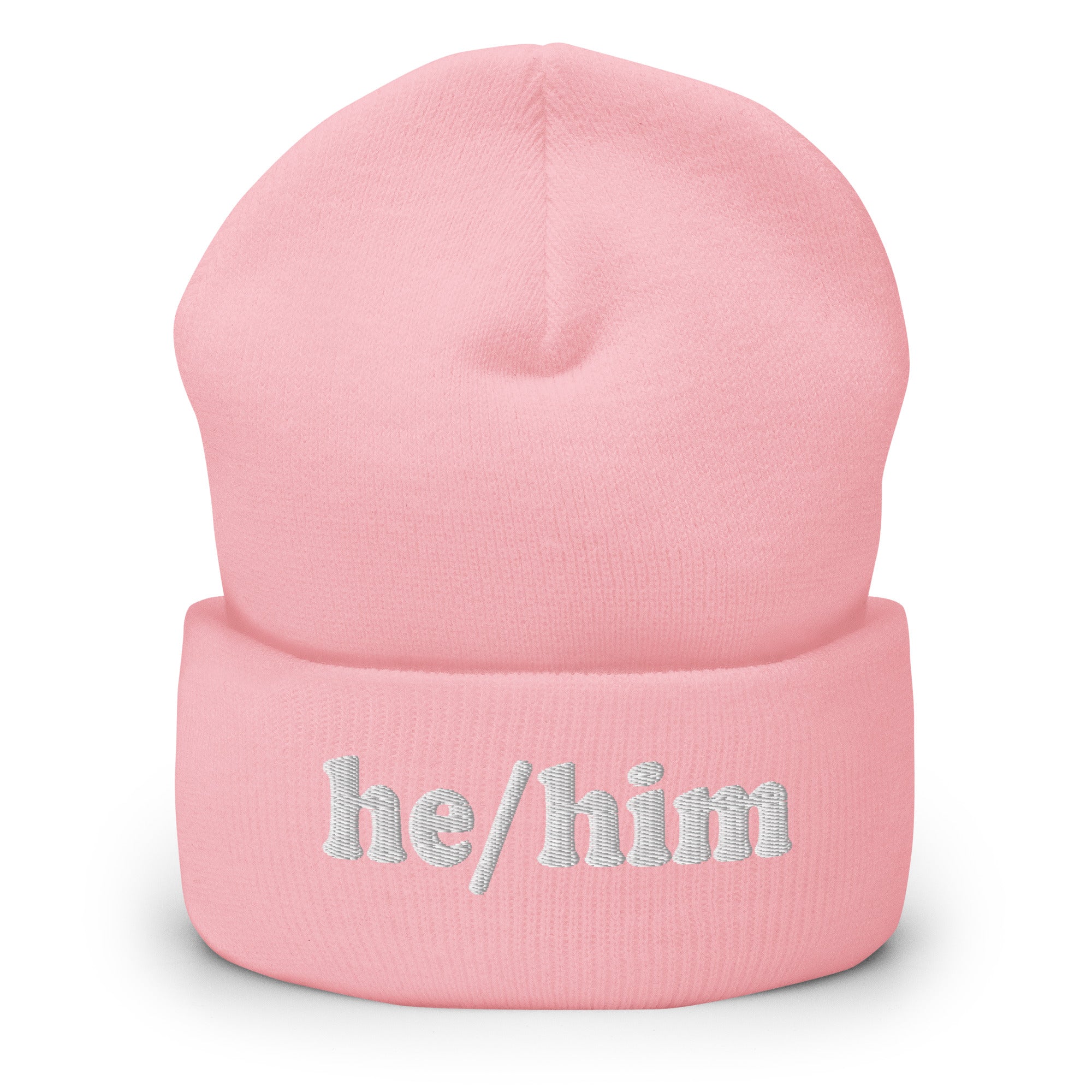 The He/Him Beanie by Pridelity, in a Heather Grey color, showcases 