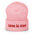 The Love Is Free Beanie by Pridelity is a baby pink accessory that boldly features the phrase "Love is free" in red on the front cuff, making it a perfect and stylish addition to any gay clothing collection for those embracing their authentic selves.