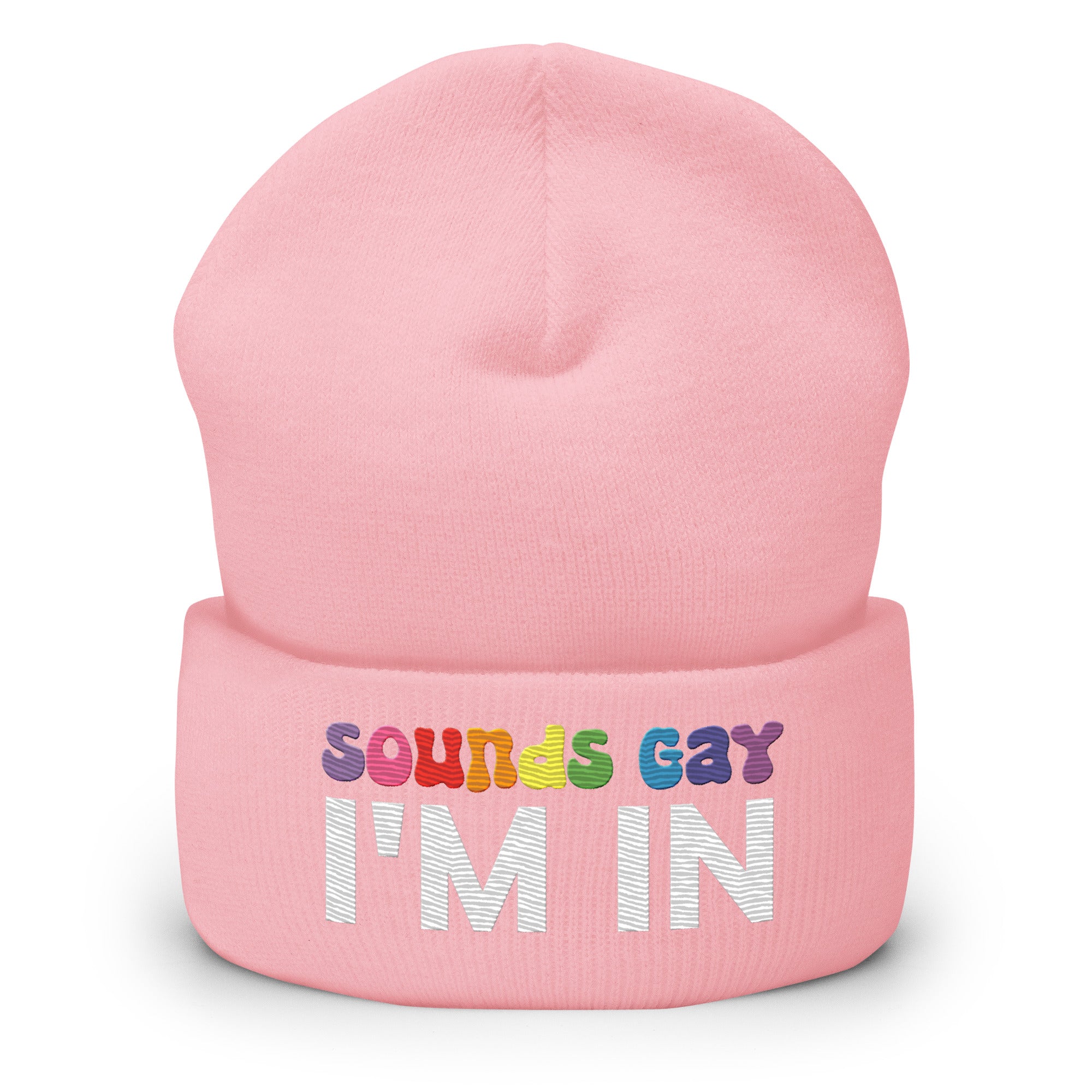 The Sounds Gay Beanie by Pridelity, with its bold lettering proclaiming 