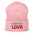 Introducing the Support Love Beanie by Pridelity, a standout piece from our gay clothing line. This white beanie features "SUPPORT LOVE" embroidered in eye-catching colors— "SUPPORT" in vibrant green and "LOVE" in bold pink—beautifully expressing positivity and solidarity.