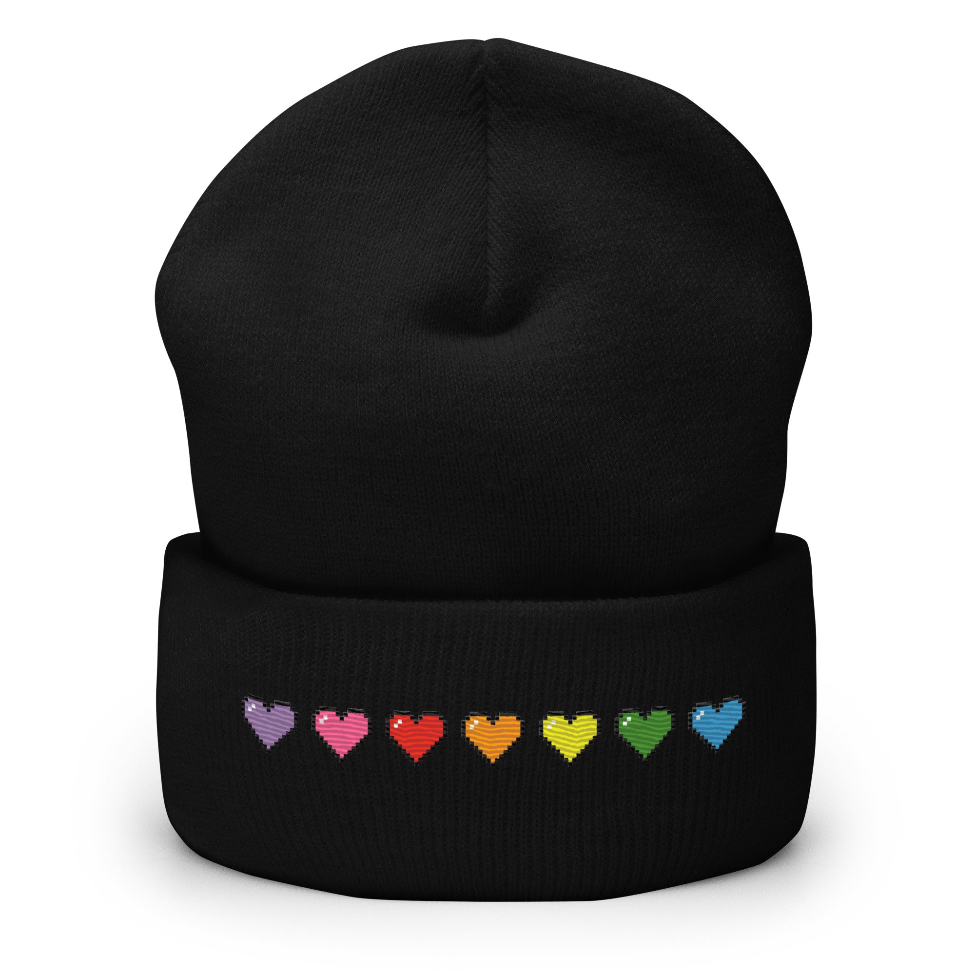 The Pixel Hearts Beanie by Pridelity, in heather grey, celebrates gay pride with a horizontal row of seven stitched pixelated retro gaming-style hearts in the rainbow colors: red, orange, yellow, green, light blue, dark blue, and purple.