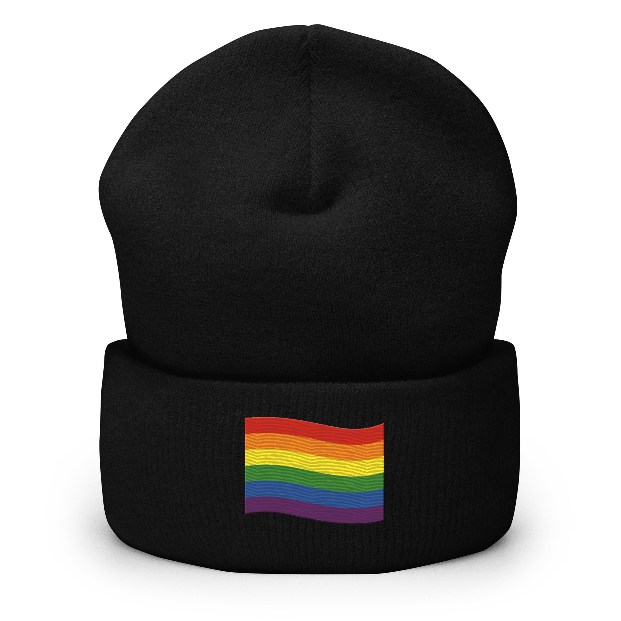 The Pride Flag Beanie by Pridelity is a white beanie adorned with an embroidered colorful rainbow flag on its folded brim, ideal for anyone looking for gay clothing that celebrates identity. The vibrant flag showcases red, orange, yellow, green, blue, and purple stripes representing LGBTQ+ pride.