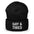 The Gay & Tired Beanie by Pridelity is a stylish accessory for showcasing your individuality, featuring white embroidered text on a black background that boldly states "GAY & TIRED" across the front. Its folded bottom ensures the message is prominently displayed.