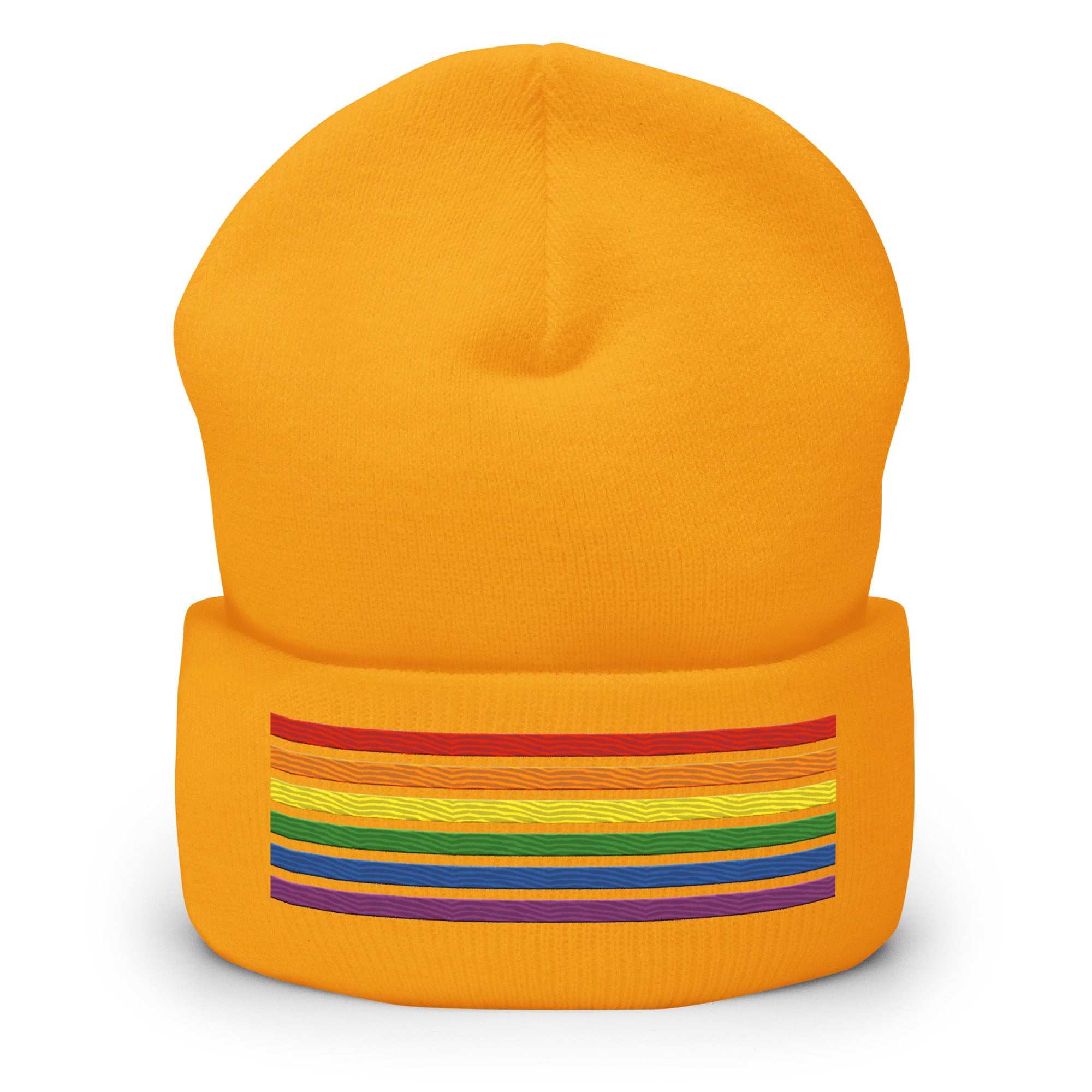 Introducing the Rainbow Beanie from Pridelity, a highlight in gay clothing that features vivid horizontal stripes in red, orange, yellow, green, blue, and purple on a white background.