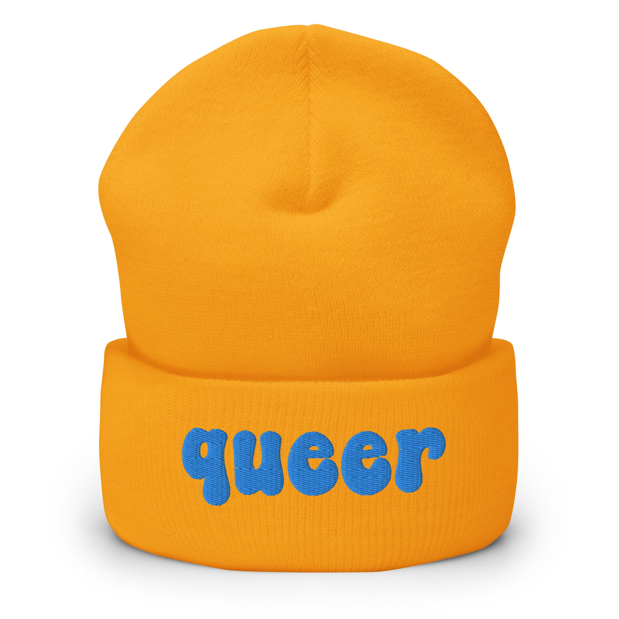 The Queer Beanie by Pridelity, in a delightful baby pink with the word 