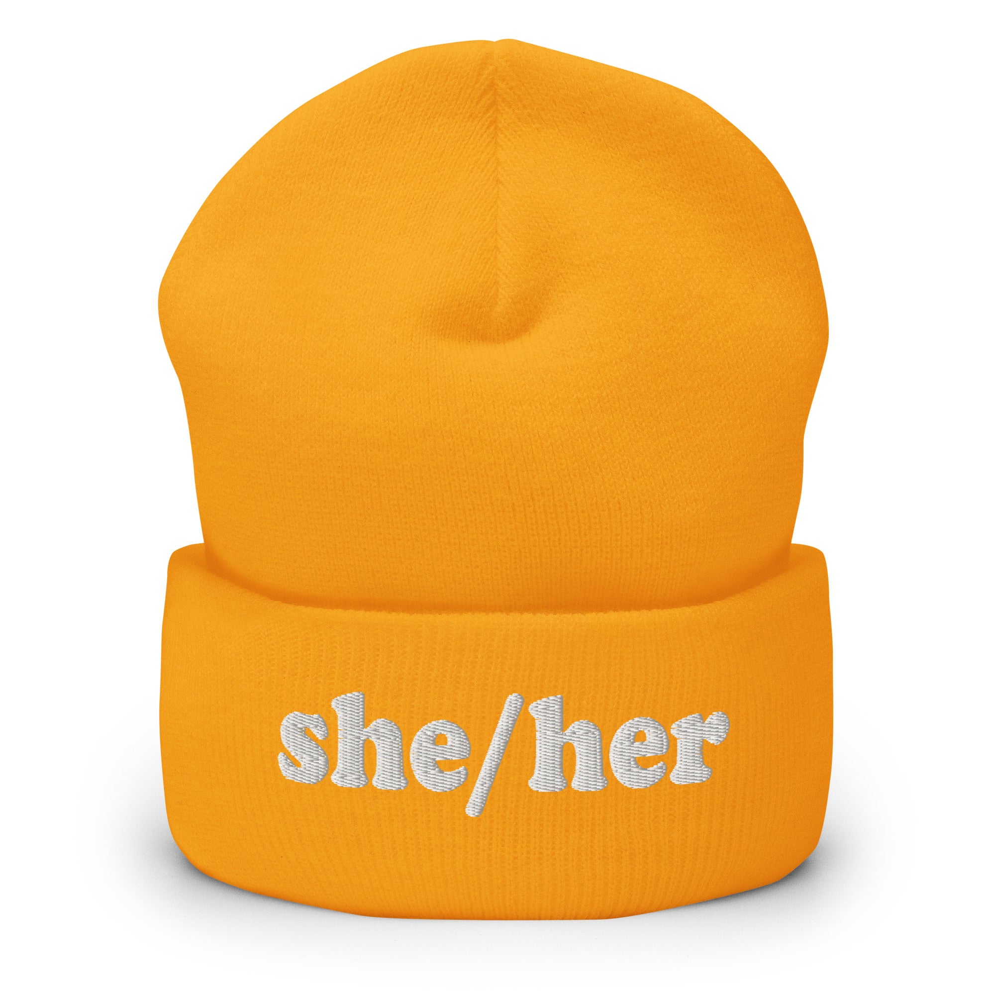 The She/Her Beanie by Pridelity, ideal for those seeking gay clothing options, is a heather grey knit beanie with the pronouns 