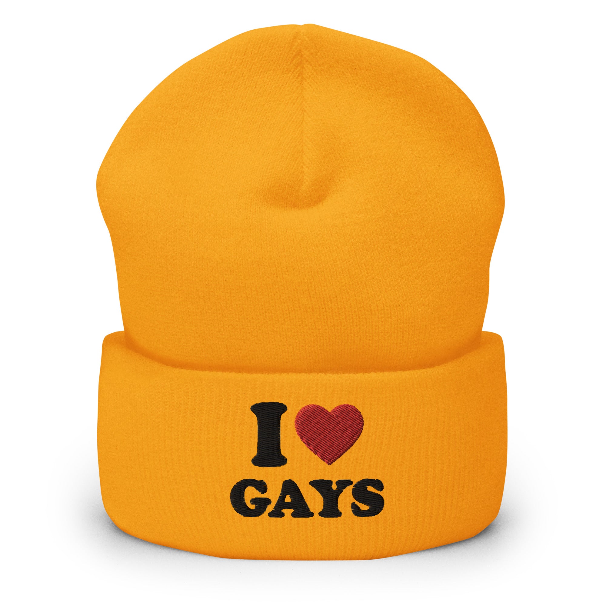 The I Love Gays Beanie by Pridelity embodies pride in LGBTQ+ fashion with its sleek black text 