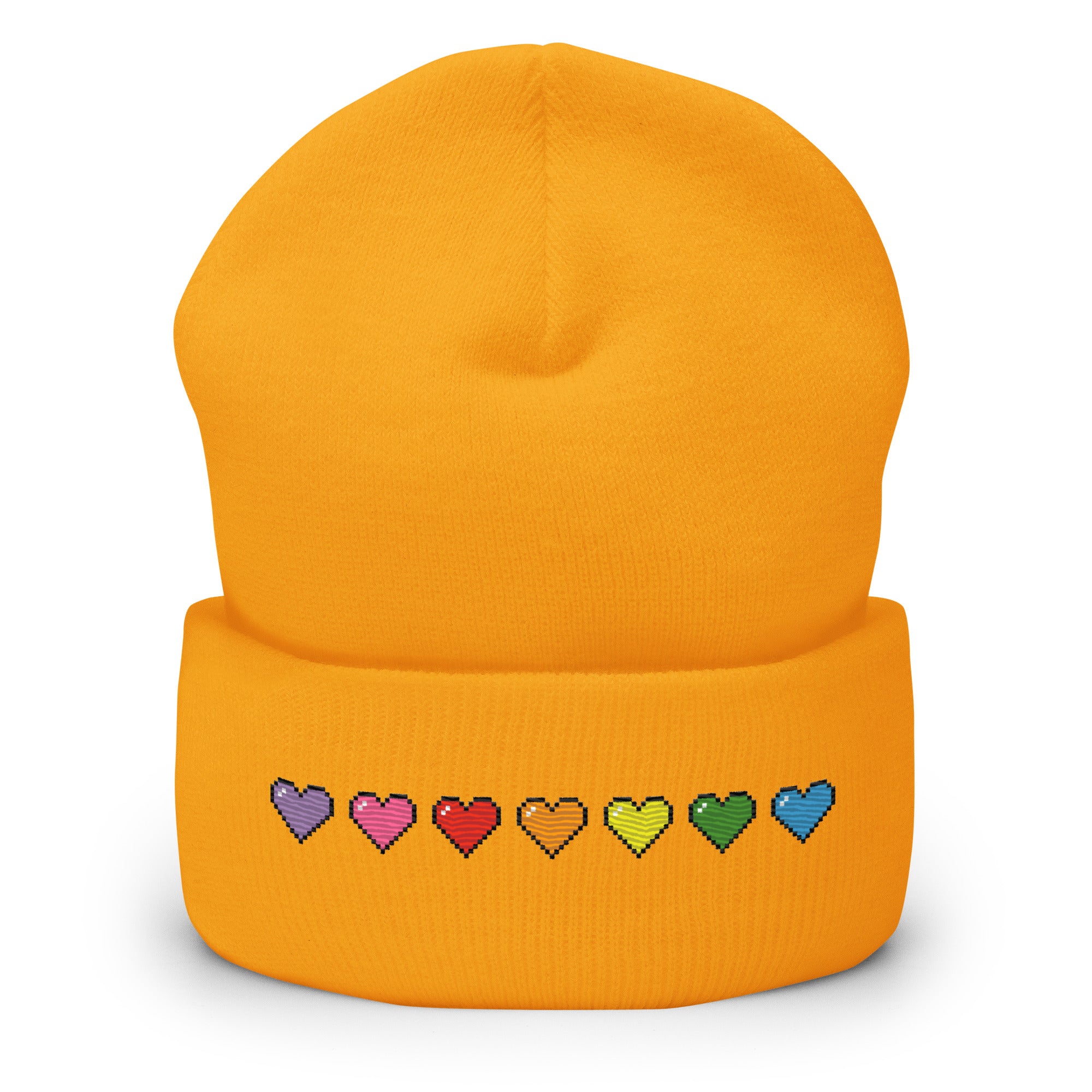 The Pixel Hearts Beanie by Pridelity, in heather grey, celebrates gay pride with a horizontal row of seven stitched pixelated retro gaming-style hearts in the rainbow colors: red, orange, yellow, green, light blue, dark blue, and purple.